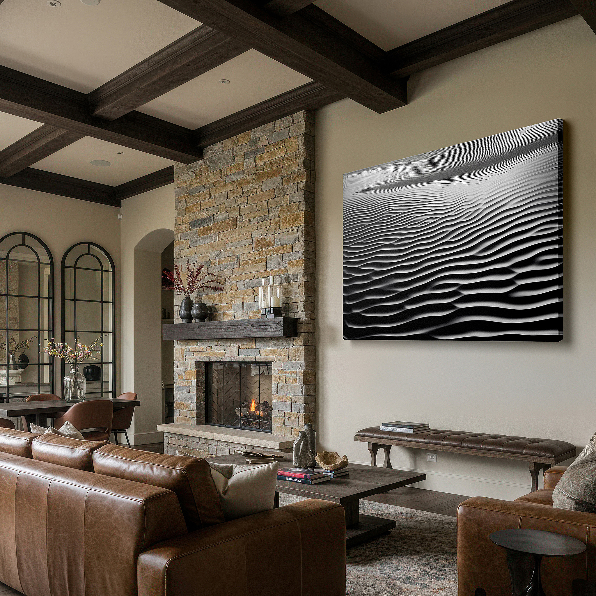 Lighting brings out layered depth in the print’s surface grain — monochrome waves in motion: tranquil black and white large wall art, canvas decor for office and bedroom