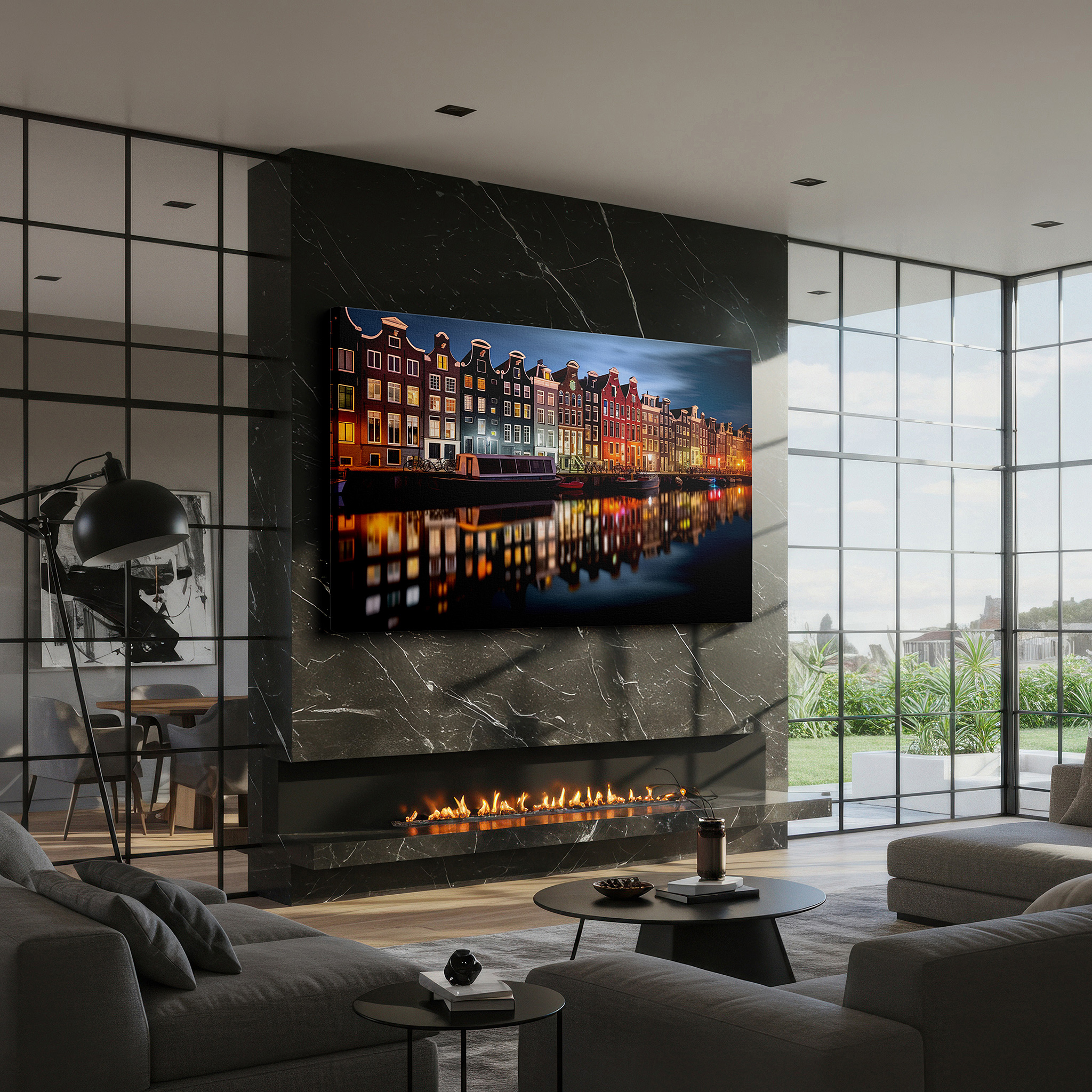 Lighting brings out layered depth in the print’s surface grain — moonlit amsterdam: enchanting canals and serene architecture large wall art, canvas wall art, wall decor for office