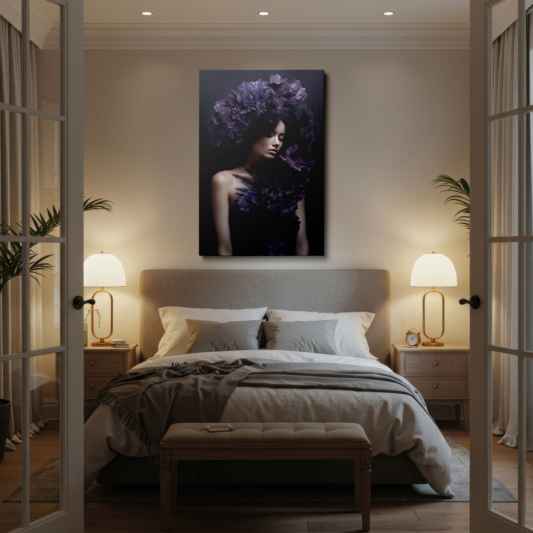 Lighting brings out layered depth in the print’s surface grain — mystical silhouette among lavender flowers - a tranquil journey through womanhood and the natural world, large wall art, canvas wall art, wall decor for office