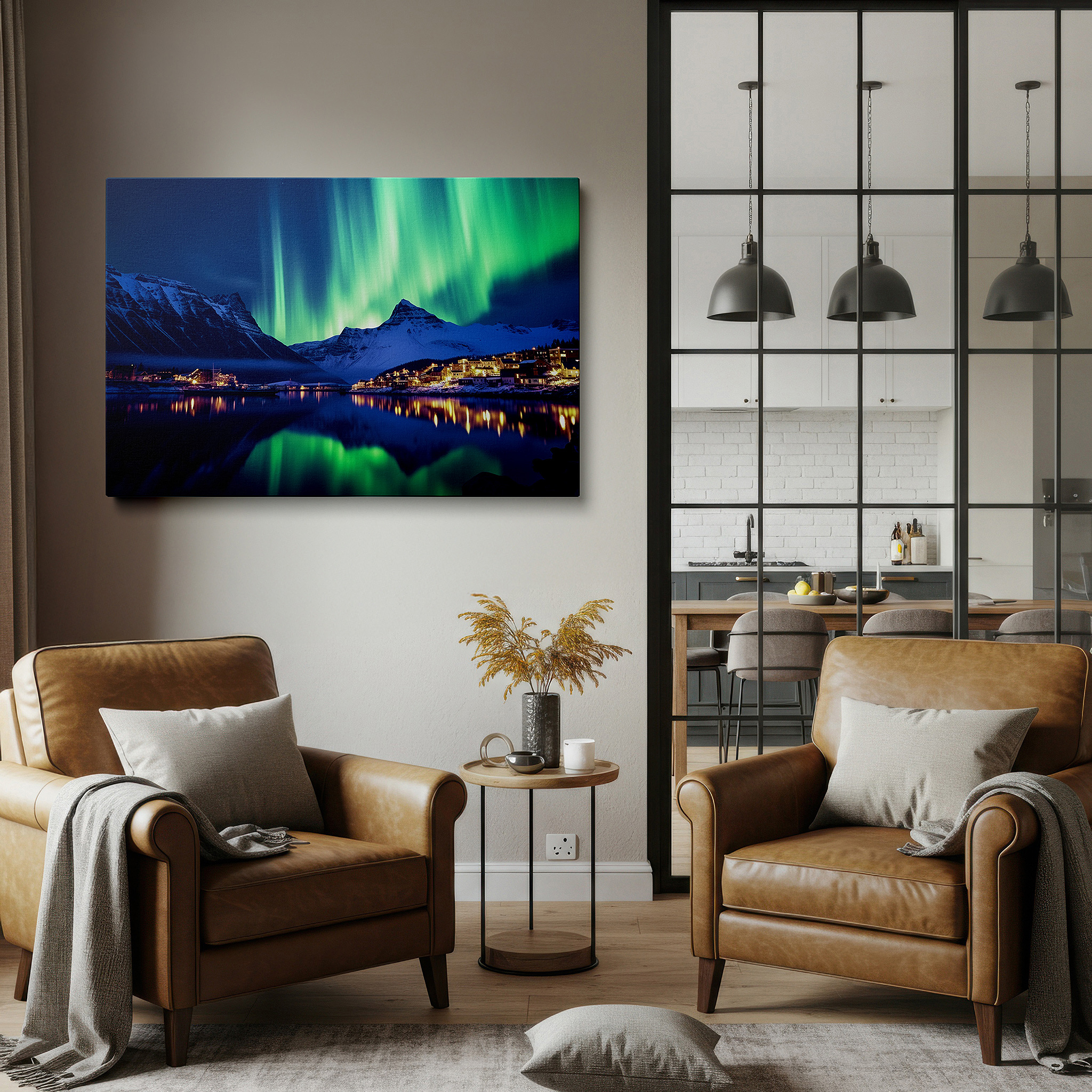 Lighting brings out layered depth in the print’s surface grain — northern lights above peaceful coastal town, captivating night sky large wall art, canvas wall art, wall decor for office and bedroom