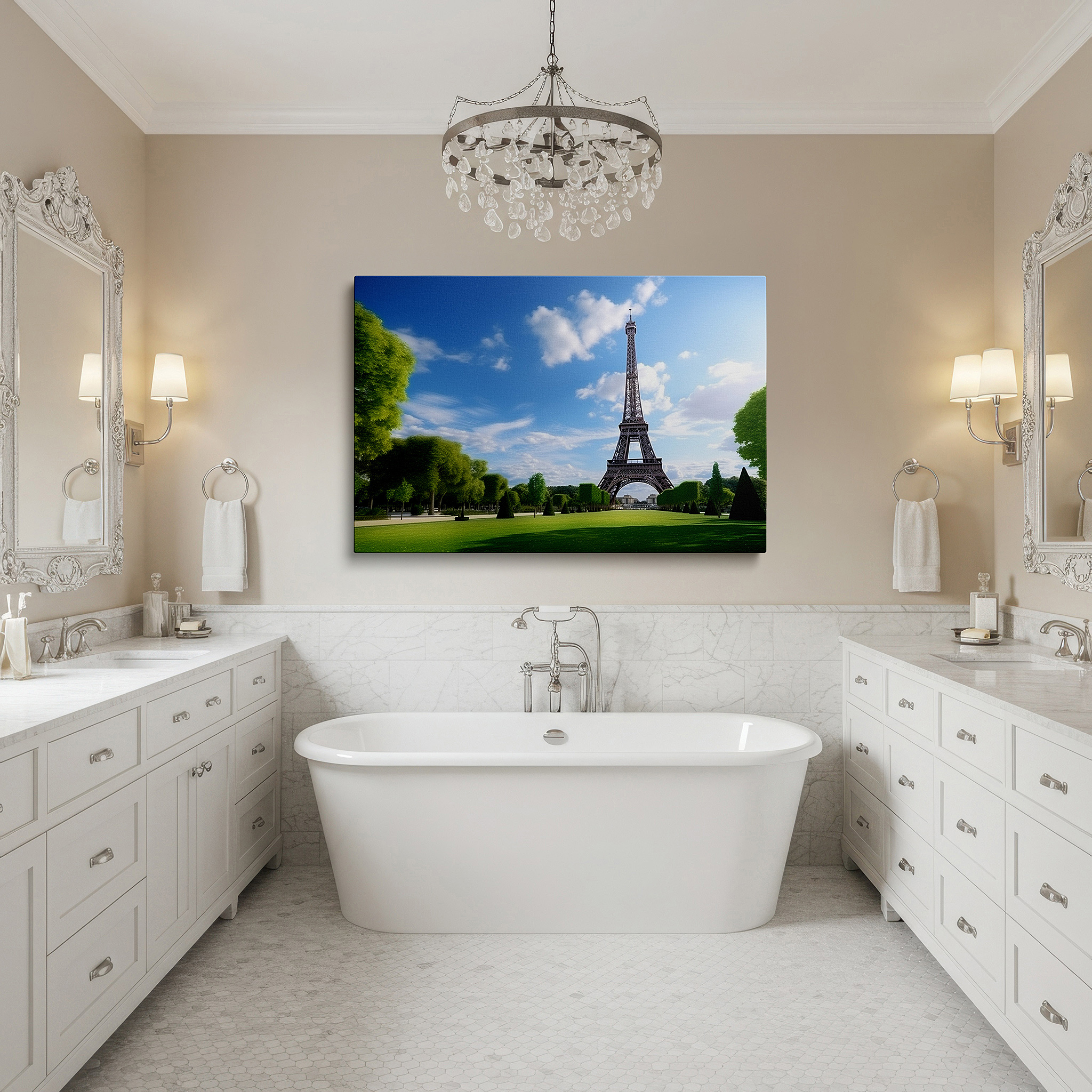 Lighting brings out layered depth in the print’s surface grain — paris soul gateway with eiffel tower and lush gardens large wall art, canvas wall art, wall decor for office and bedroom