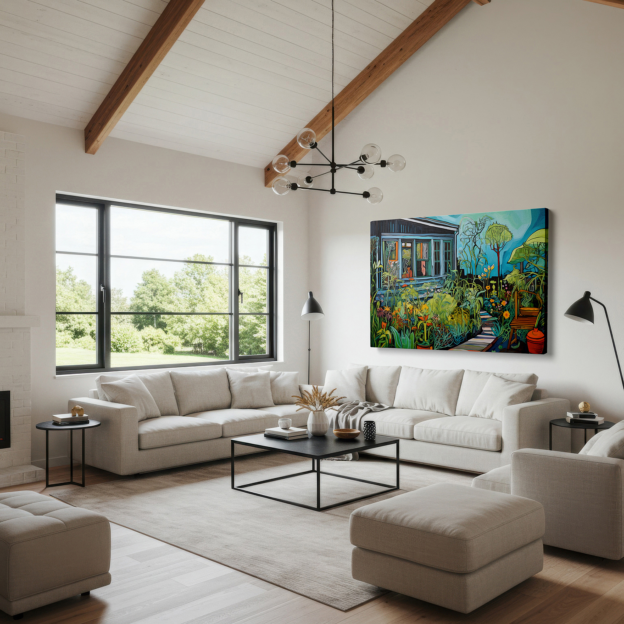 Lighting brings out layered depth in the print’s surface grain — peaceful blue house surrounded by lively garden flowers exudes calm and security large wall art, canvas wall art, wall decor, office wall art