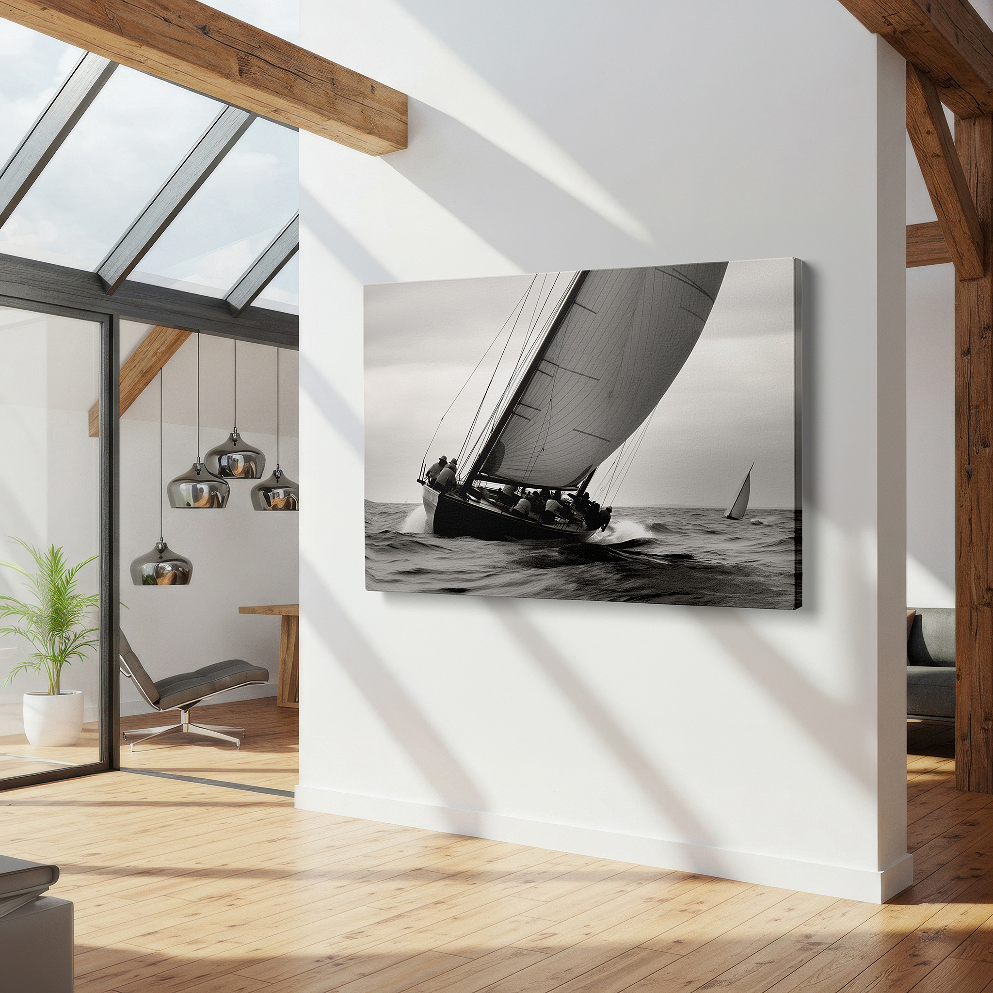 Lighting brings out layered depth in the print’s surface grain — sailboat amidst stormy seas wall art - a monochrome tribute to adventure and resilience, perfect for office or bedroom decor, available as large canvas wall art