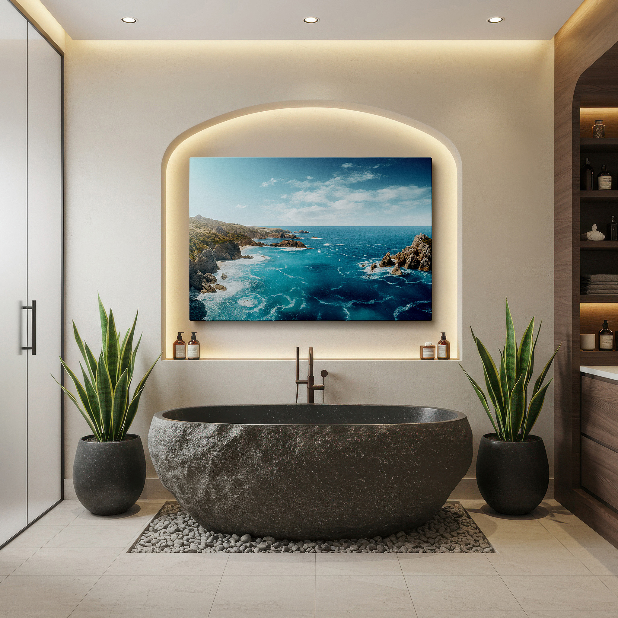 Lighting brings out layered depth in the print’s surface grain — serene coastal scene with lush cliffs and grand rock formations large wall art, canvas wall art, wall decor for office and bedroom