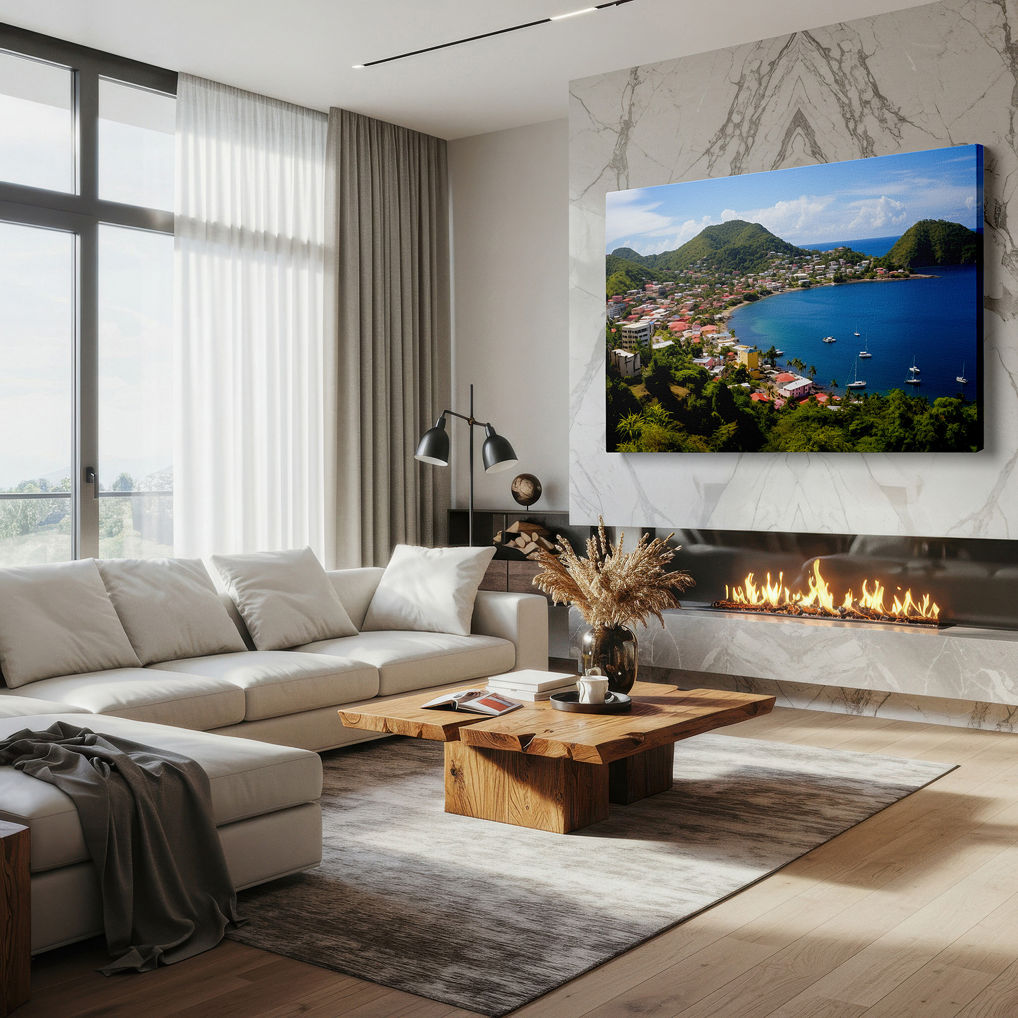 Lighting brings out layered depth in the print’s surface grain — serene coastal village with lush green hills and shimmering blue bay large wall art, canvas wall art, wall decor for office and bedroom