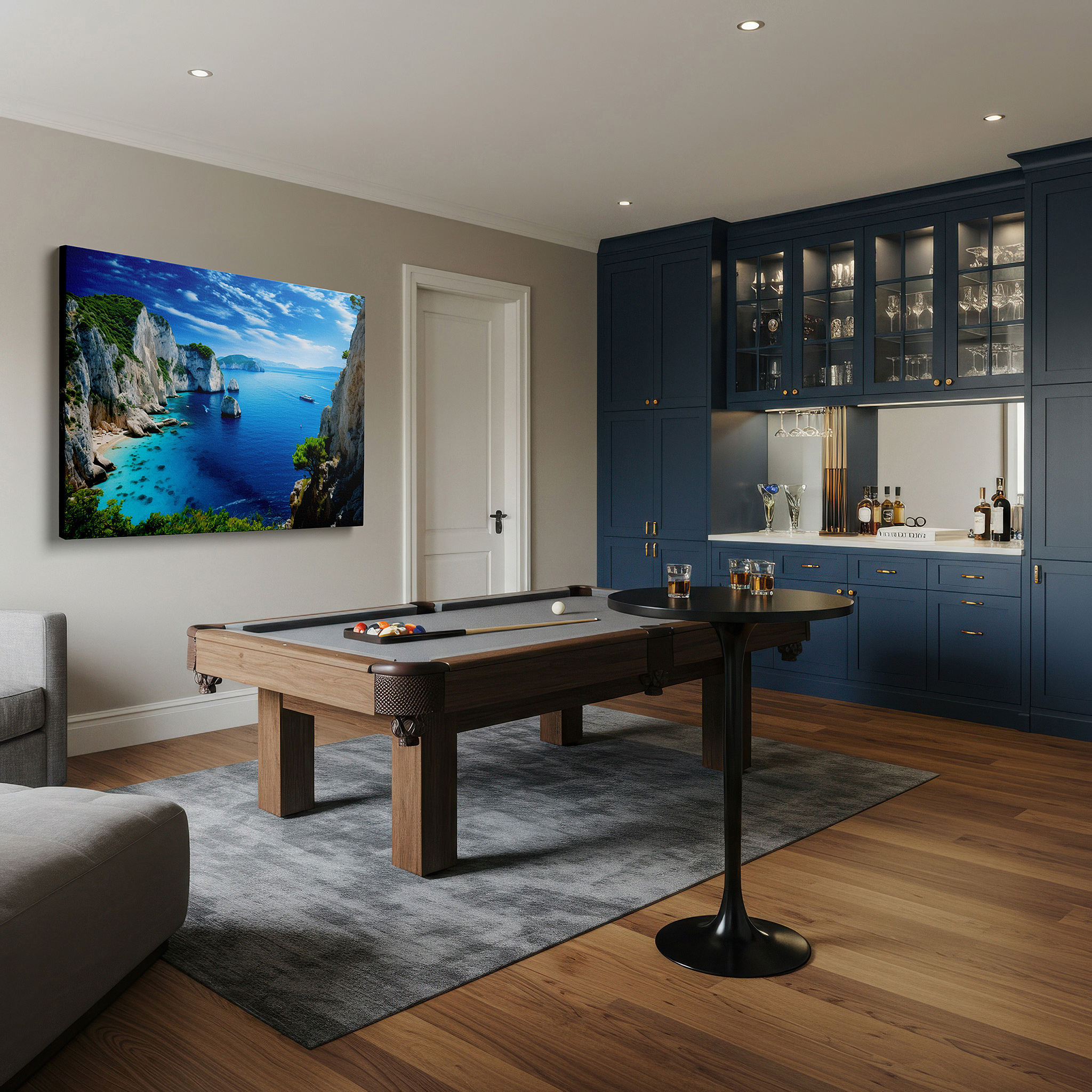 Lighting brings out layered depth in the print’s surface grain — serene seaside day: majestic cliffs and tranquil waters - large wall art for living room, bedroom, or office decor