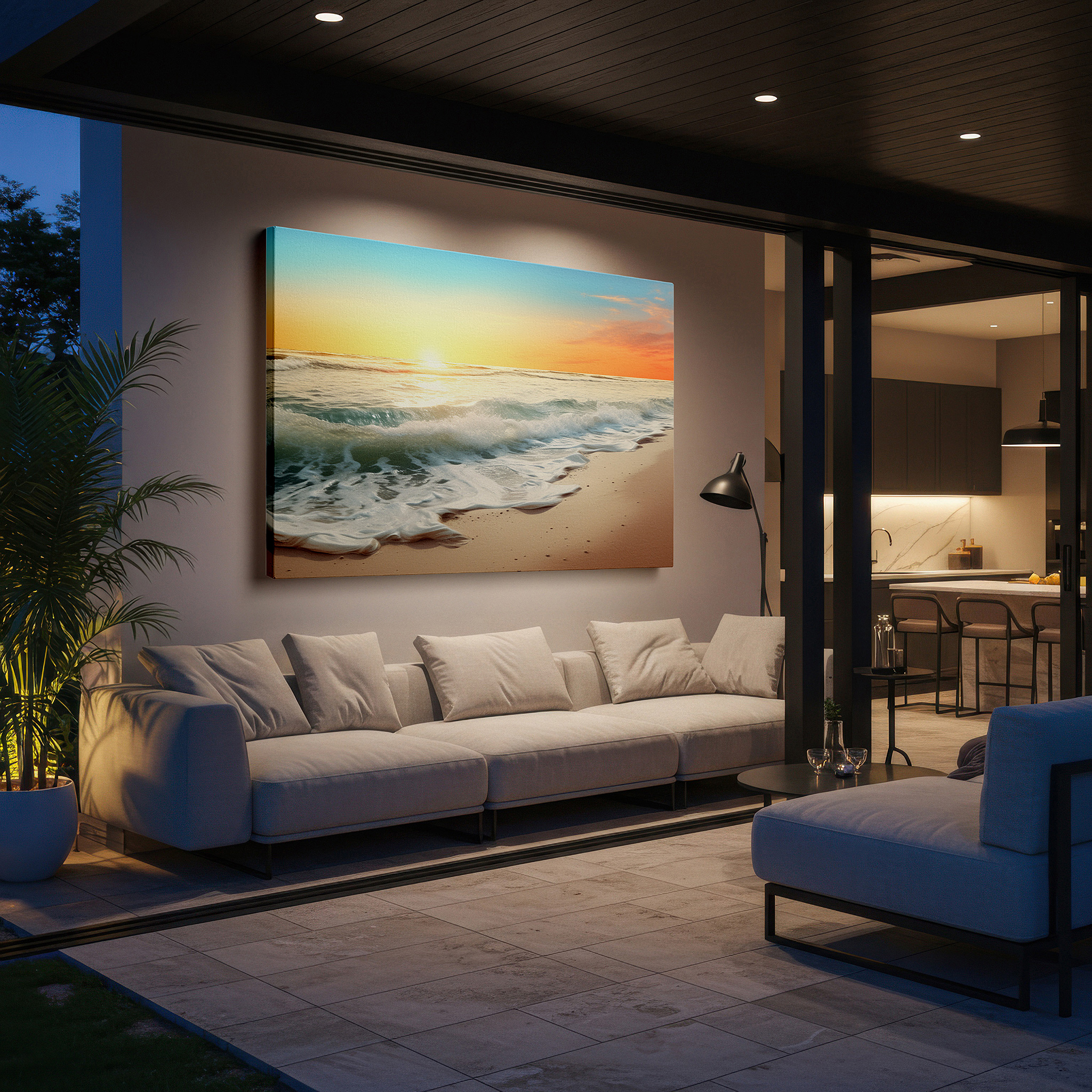 Lighting brings out layered depth in the print’s surface grain — serene shoreline at sunset: tranquil orange and blue hues, large canvas wall art for office and bedroom decor