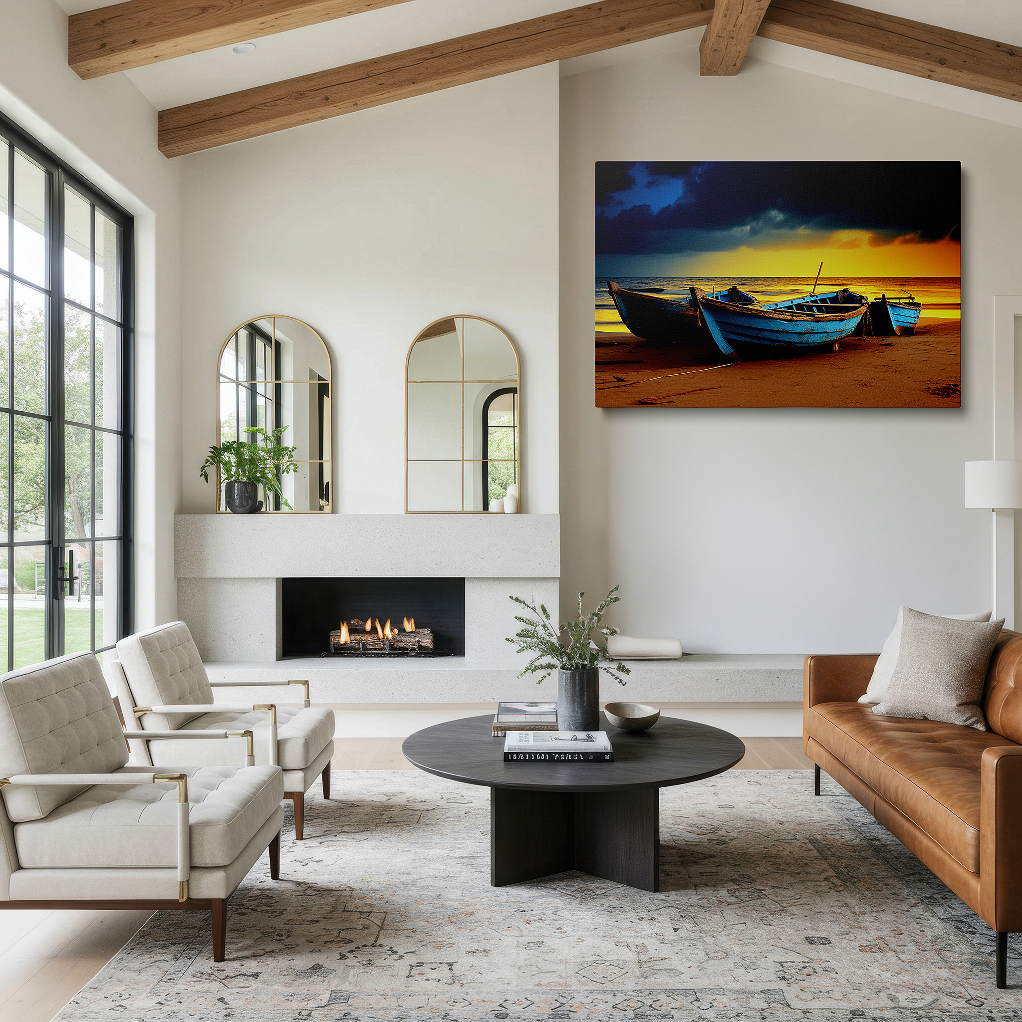 Lighting brings out layered depth in the print’s surface grain — serene sunset and aged blue boats on a sandy shore - a visual exploration of time and memory large wall art, canvas wall art, wall decor