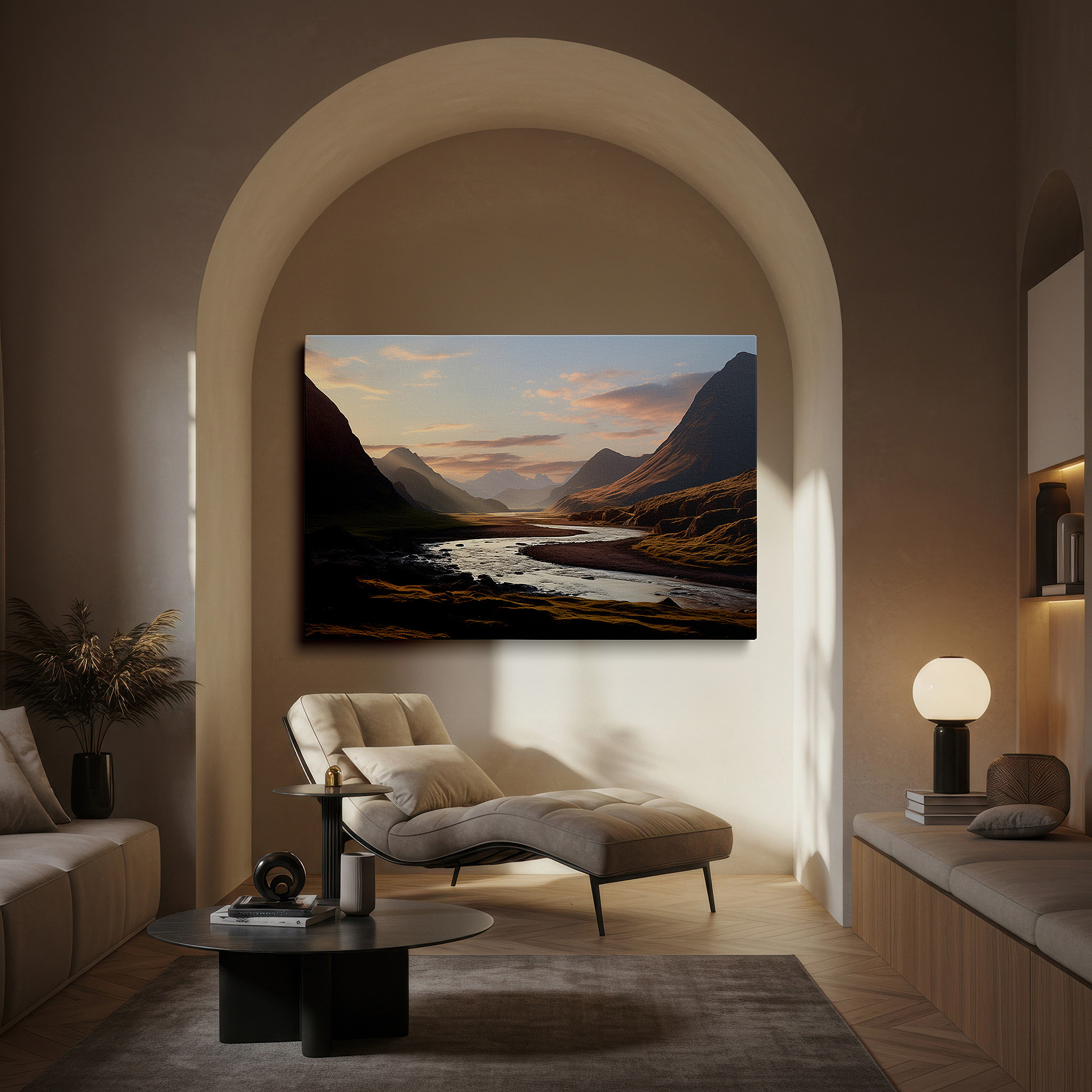 Lighting brings out layered depth in the print’s surface grain — serene valley sunset and river canvas print - large wall art for office and bedroom decor