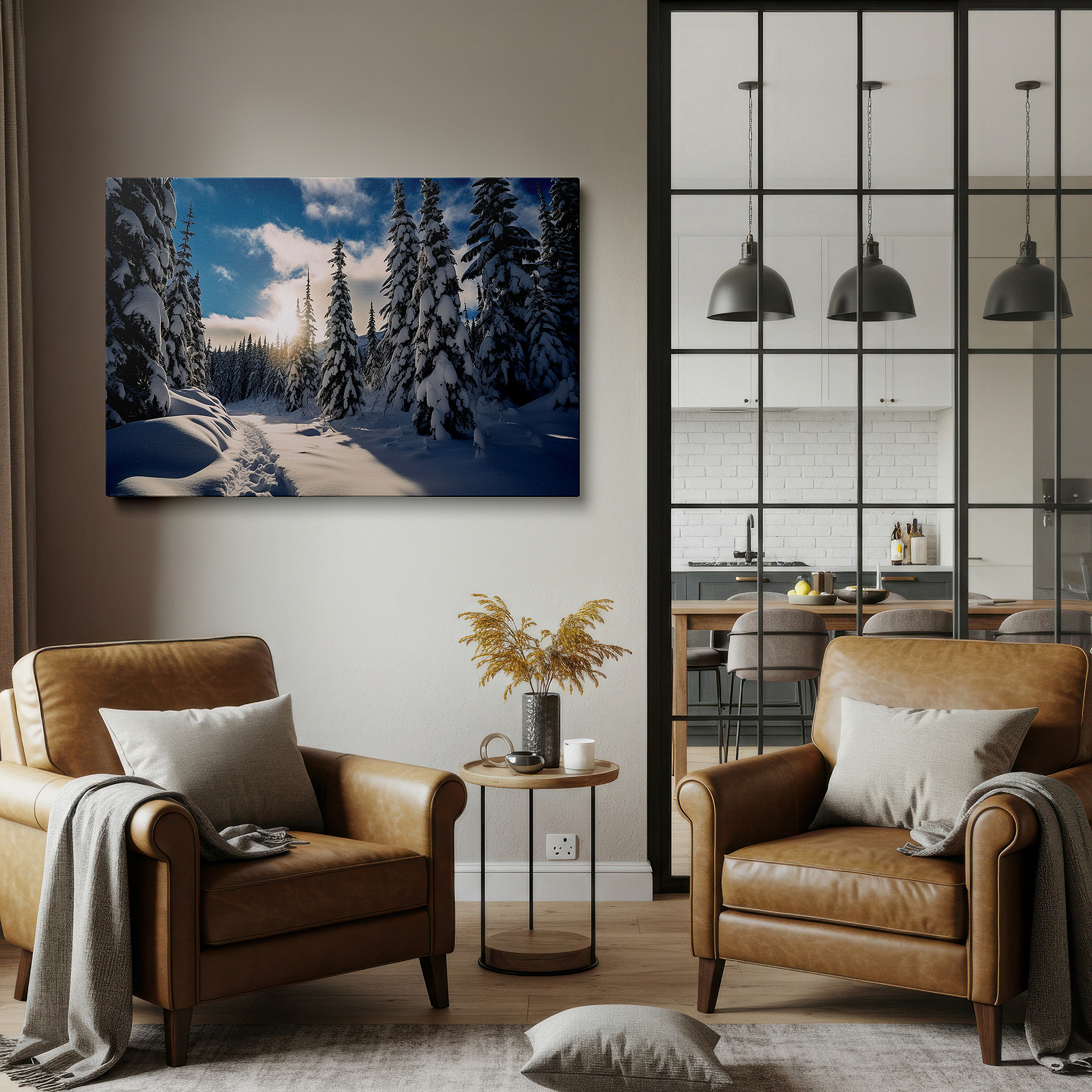 Lighting brings out layered depth in the print’s surface grain — serene winter forest in sunlight: tranquil snowy landscape large wall art, canvas wall art for office and bedroom decor