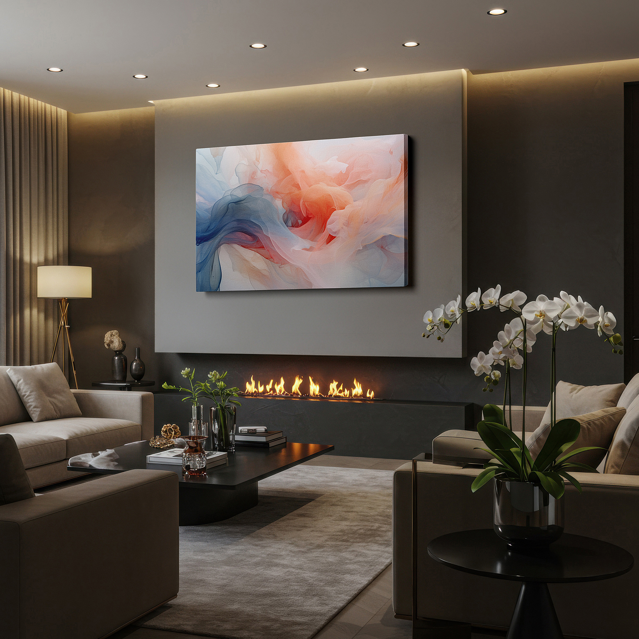 Lighting brings out layered depth in the print’s surface grain — soft colors and ethereal textures symphony: soothing large wall art for bedrooms and offices