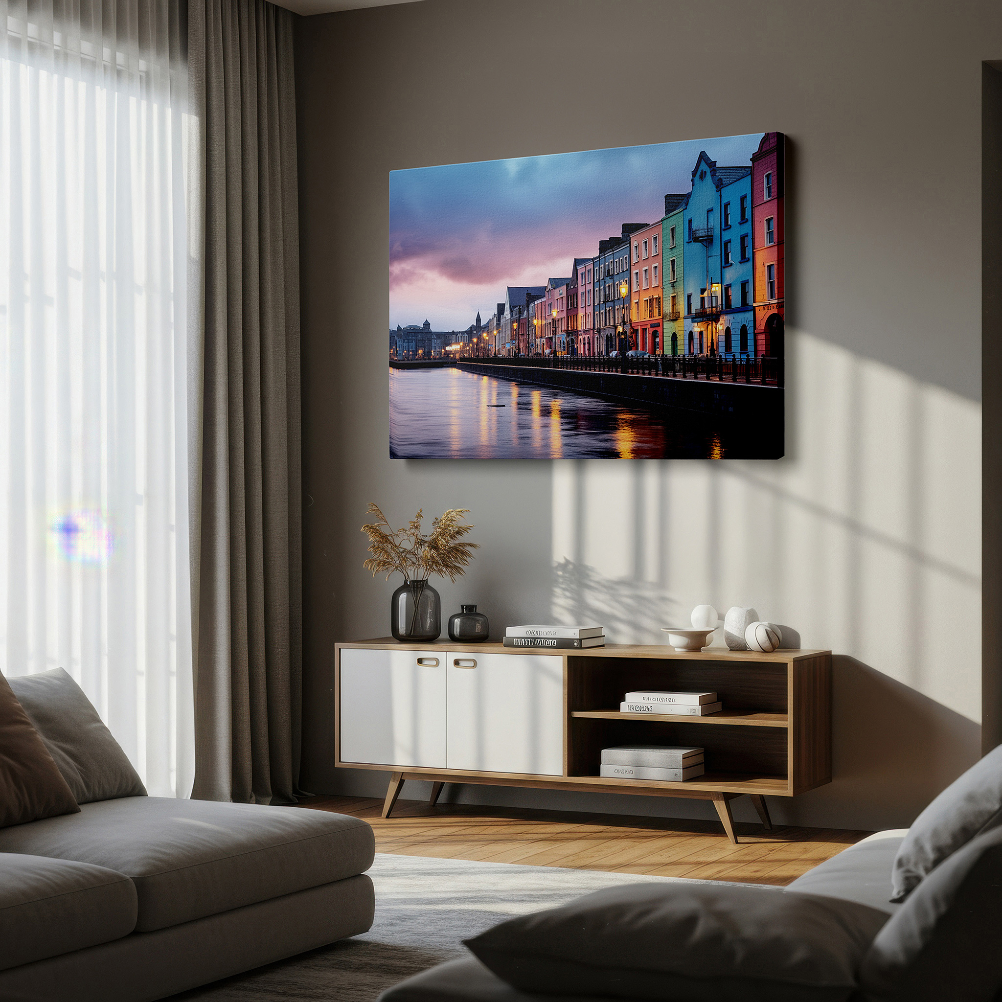 Lighting brings out layered depth in the print’s surface grain — starlit sky over historic harbor: tranquil waters meet vibrant city life in serene nighttime large wall art, canvas wall art, wall decor
