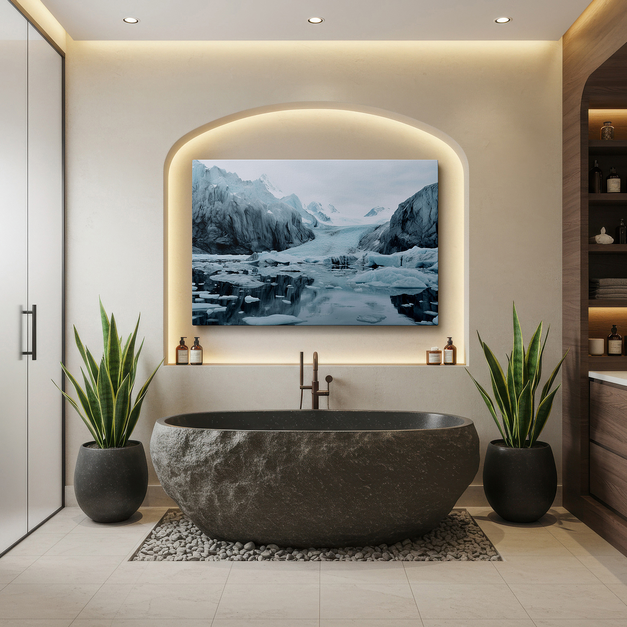 Lighting brings out layered depth in the print’s surface grain — stunning glacial scenery featuring imposing icebergs under cloudy skies - large canvas wall art for office and bedroom decor