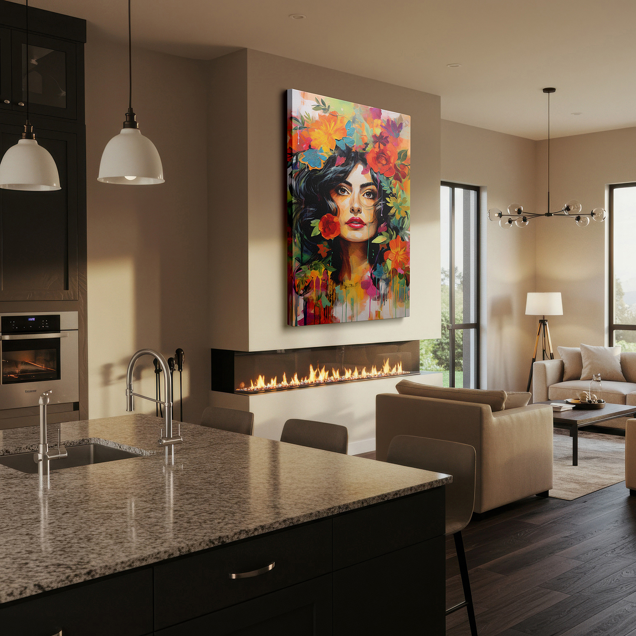 Lighting brings out layered depth in the print’s surface grain — stunning wall art featuring a woman with a colorful floral crown, a blend of vibrant colors and emotions, available as large canvas wall art