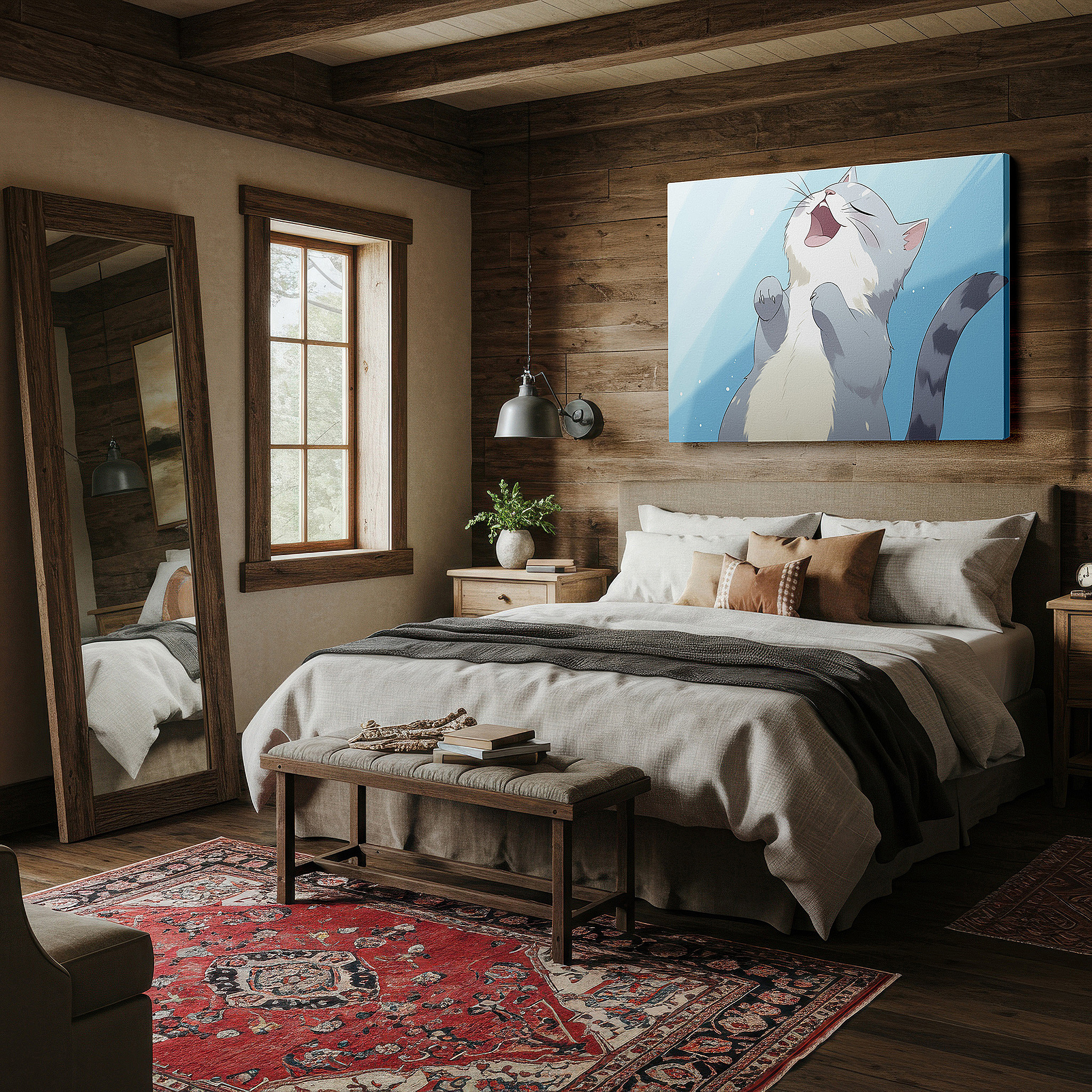 Lighting brings out layered depth in the print’s surface grain — sunlit cat's playful antics on a serene blue background - large canvas wall art for office, living room, and bedroom decor