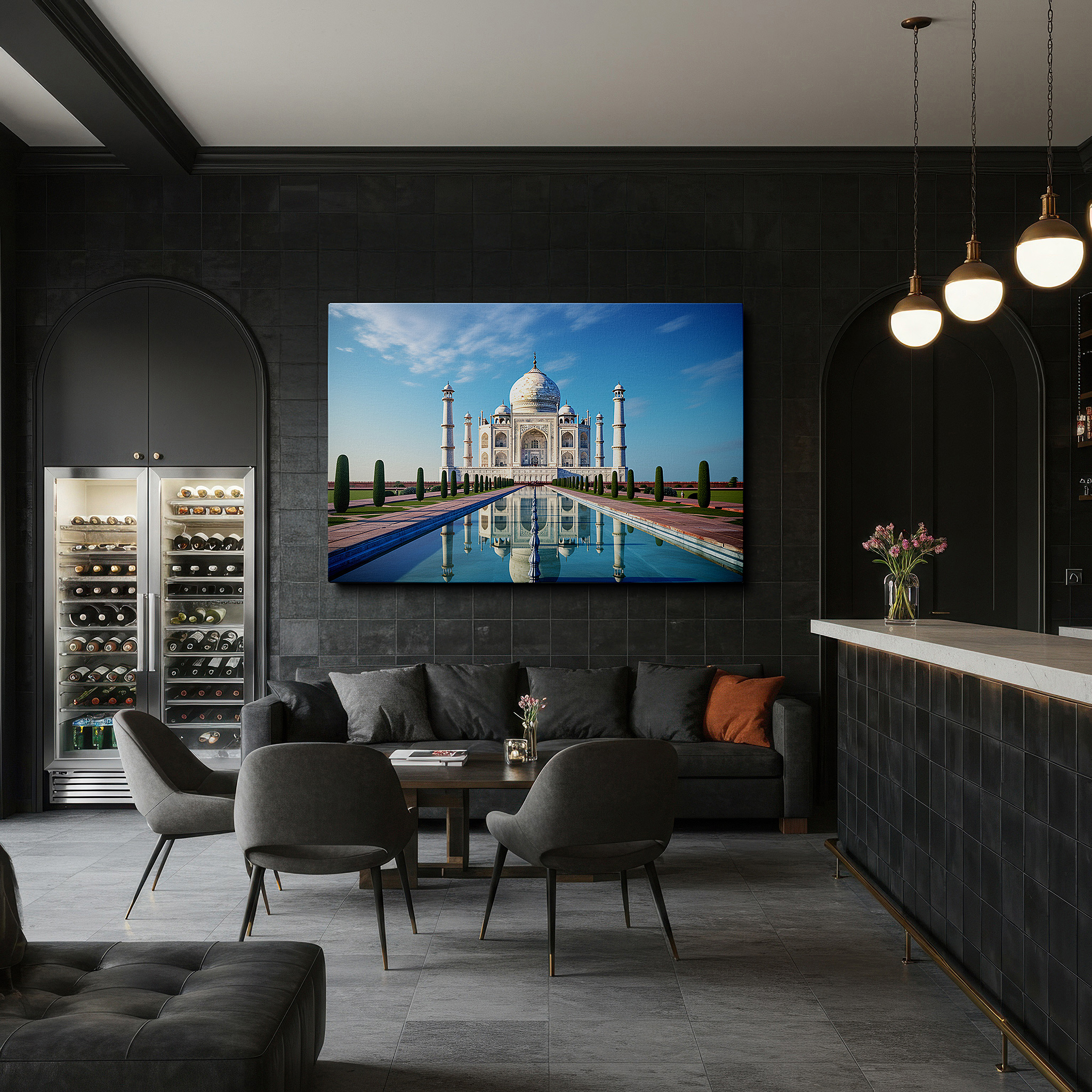 Lighting brings out layered depth in the print’s surface grain — sunlit taj mahal: a majestic display of architectural splendor and natural harmony - large canvas wall art decor