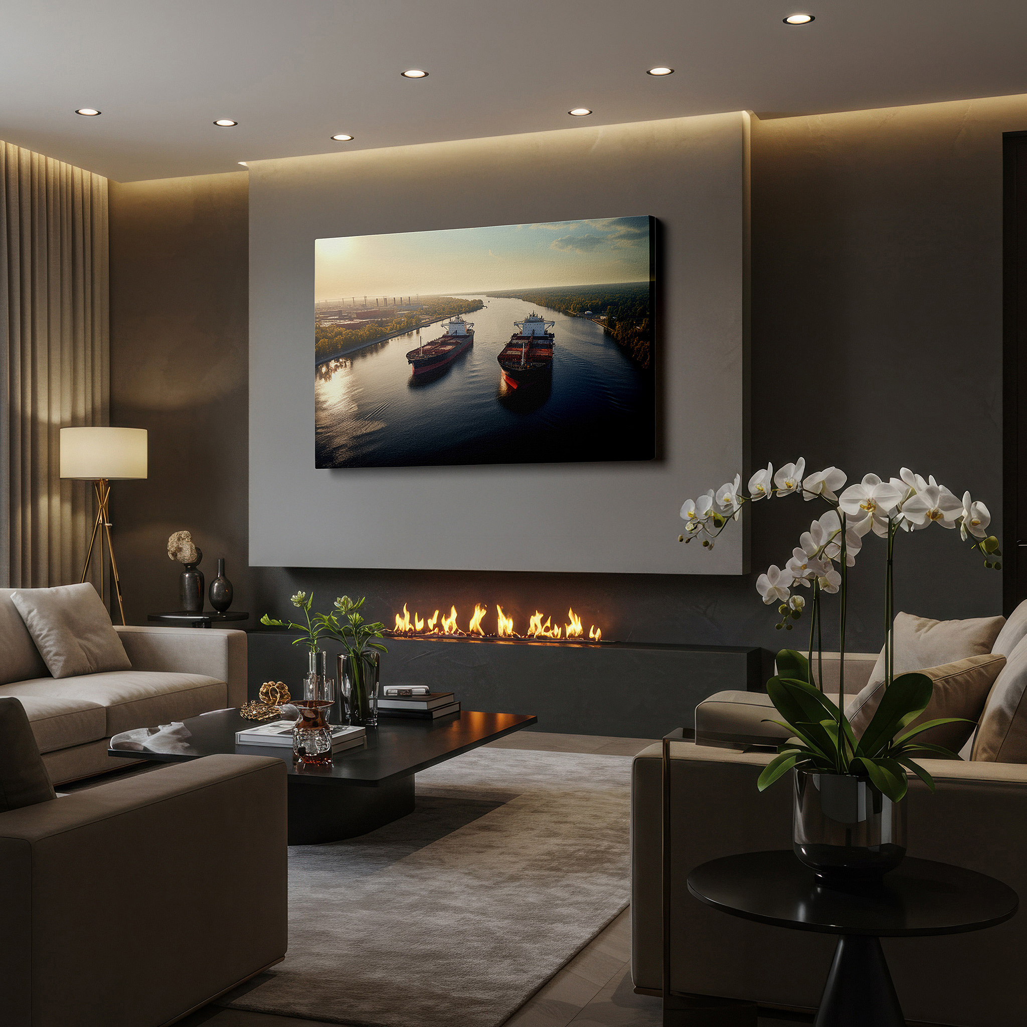 Lighting brings out layered depth in the print’s surface grain — sunset serenade above maritime city - urban and natural harmony symphony large wall art, canvas wall art, wall decor for office and bedroom