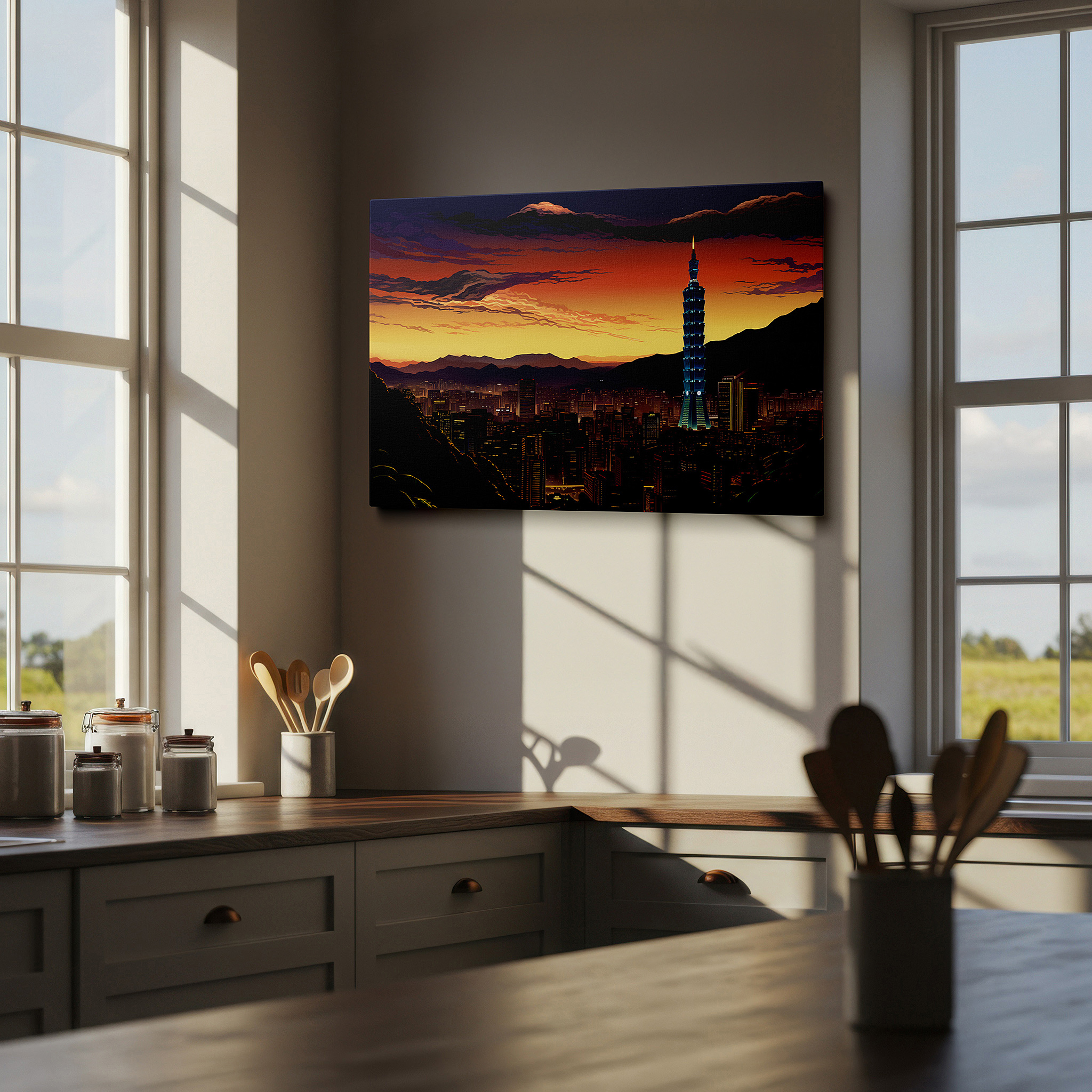 Lighting brings out layered depth in the print’s surface grain — taipei 101 against twilight skies - blending city vibrance with peaceful nature large wall art, canvas wall art, wall decor, office wall art, bedroom art