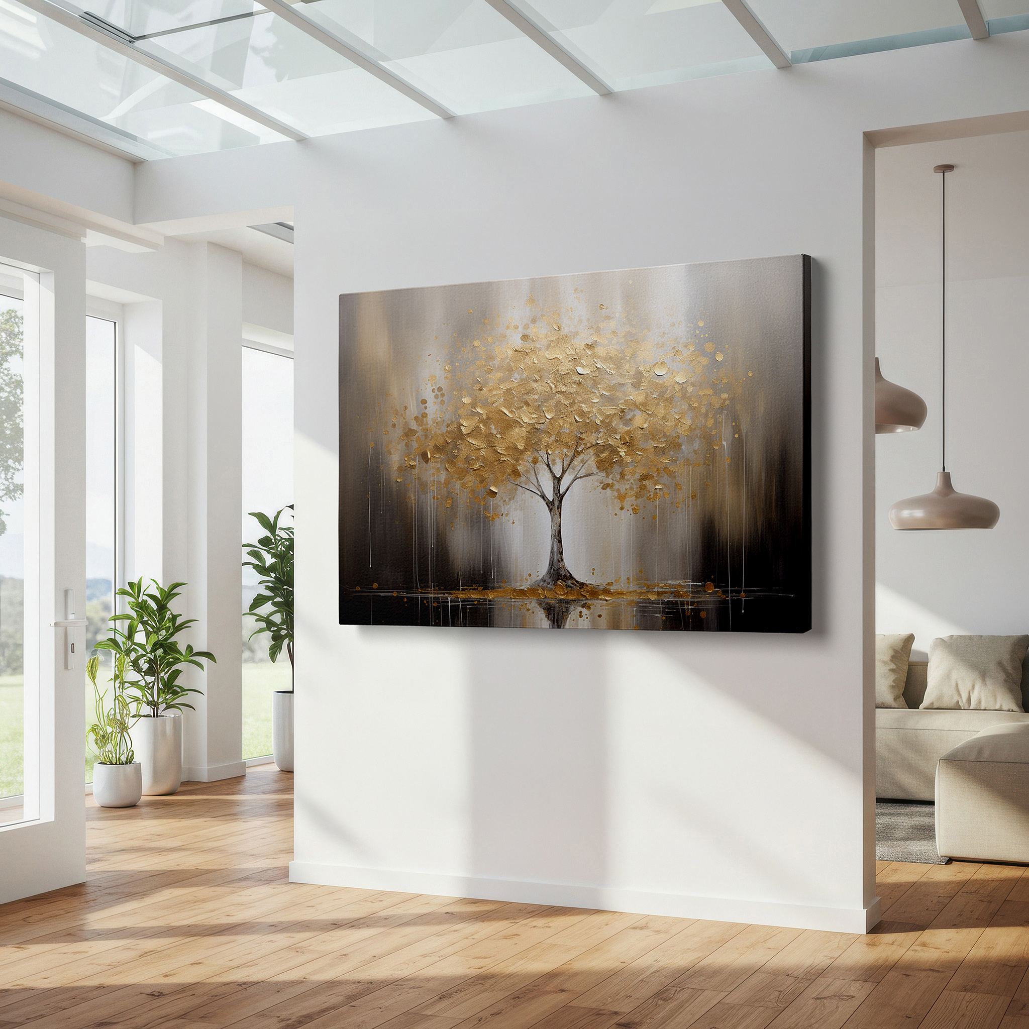 Lighting brings out layered depth in the print’s surface grain — timeless beauty and resilience golden tree large wall art, canvas wall decor for office and bedroom