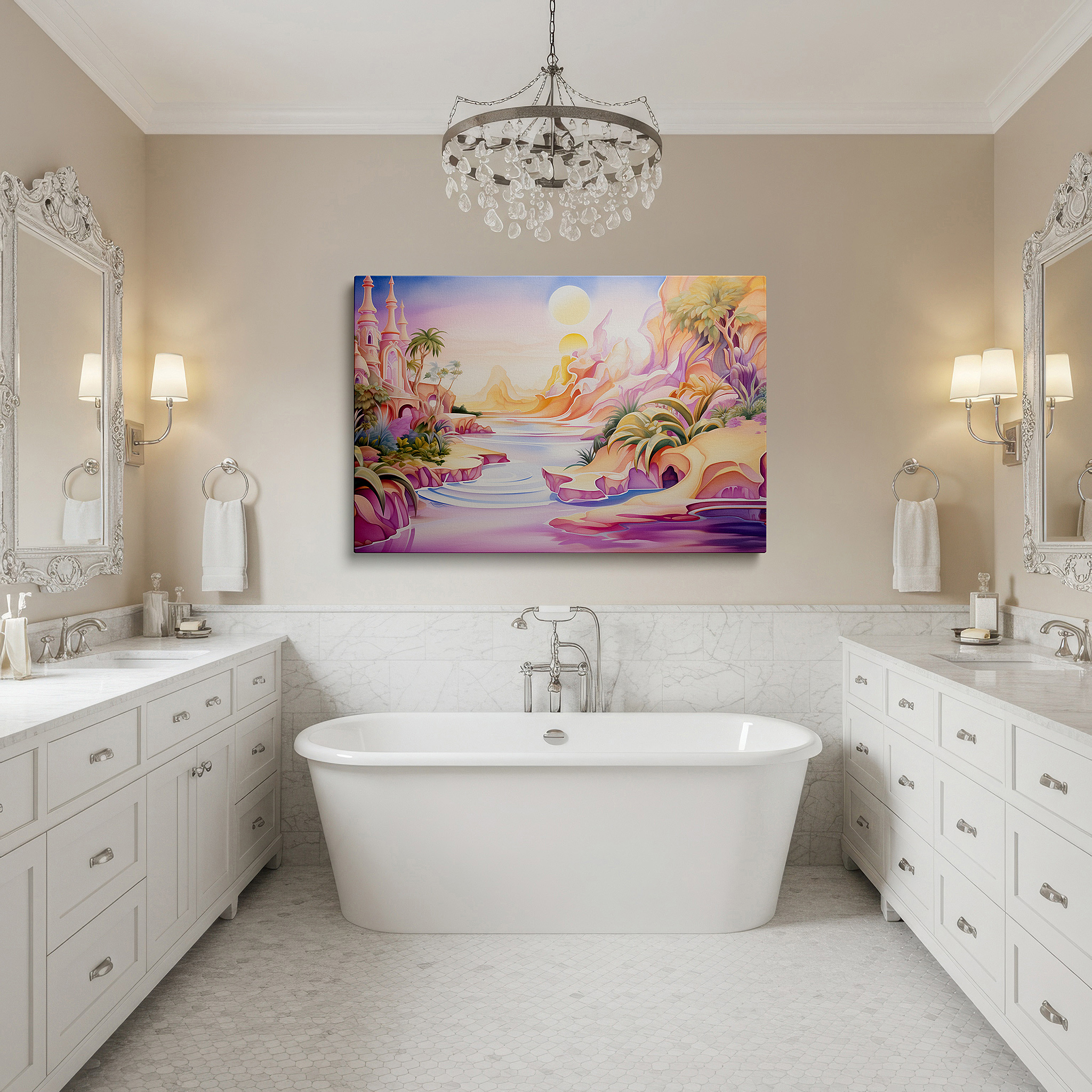 Lighting brings out layered depth in the print’s surface grain — tranquil river and enchanted hills under twin suns wall art, large canvas decor for office, bedroom, and living room