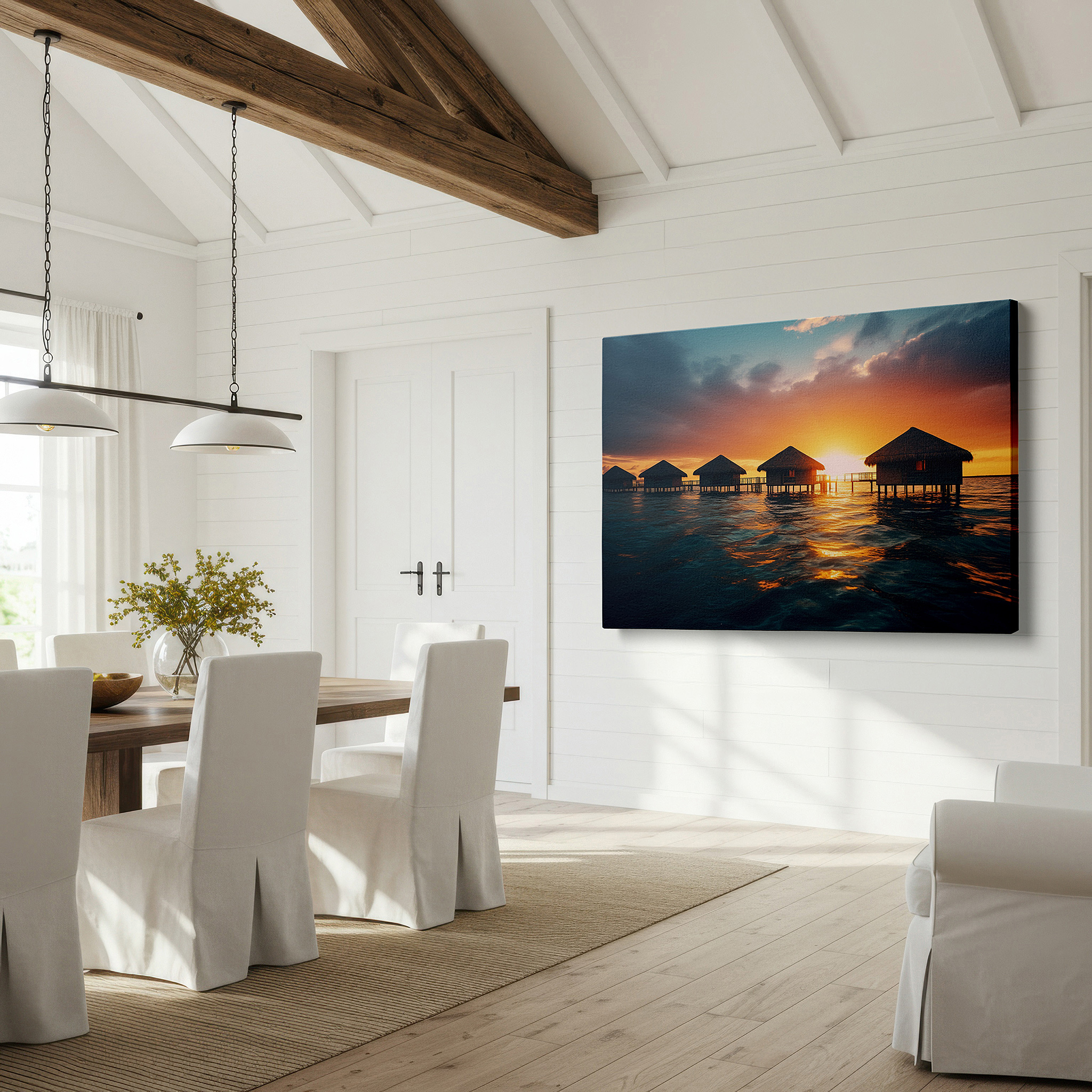 Lighting brings out layered depth in the print’s surface grain — tropical sunset and serene waters canvas print with golden-lit bungalows - large wall art for office, bedroom, and living room decor