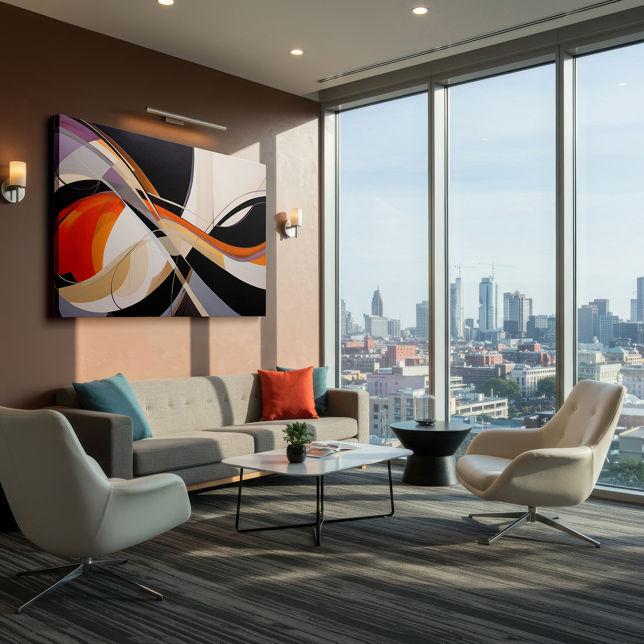 Lighting brings out layered depth in the print’s surface grain — vibrant abstract masterpiece featuring bold oranges and deep blacks, perfect as a captivating centerpiece for any room - large canvas wall art decor