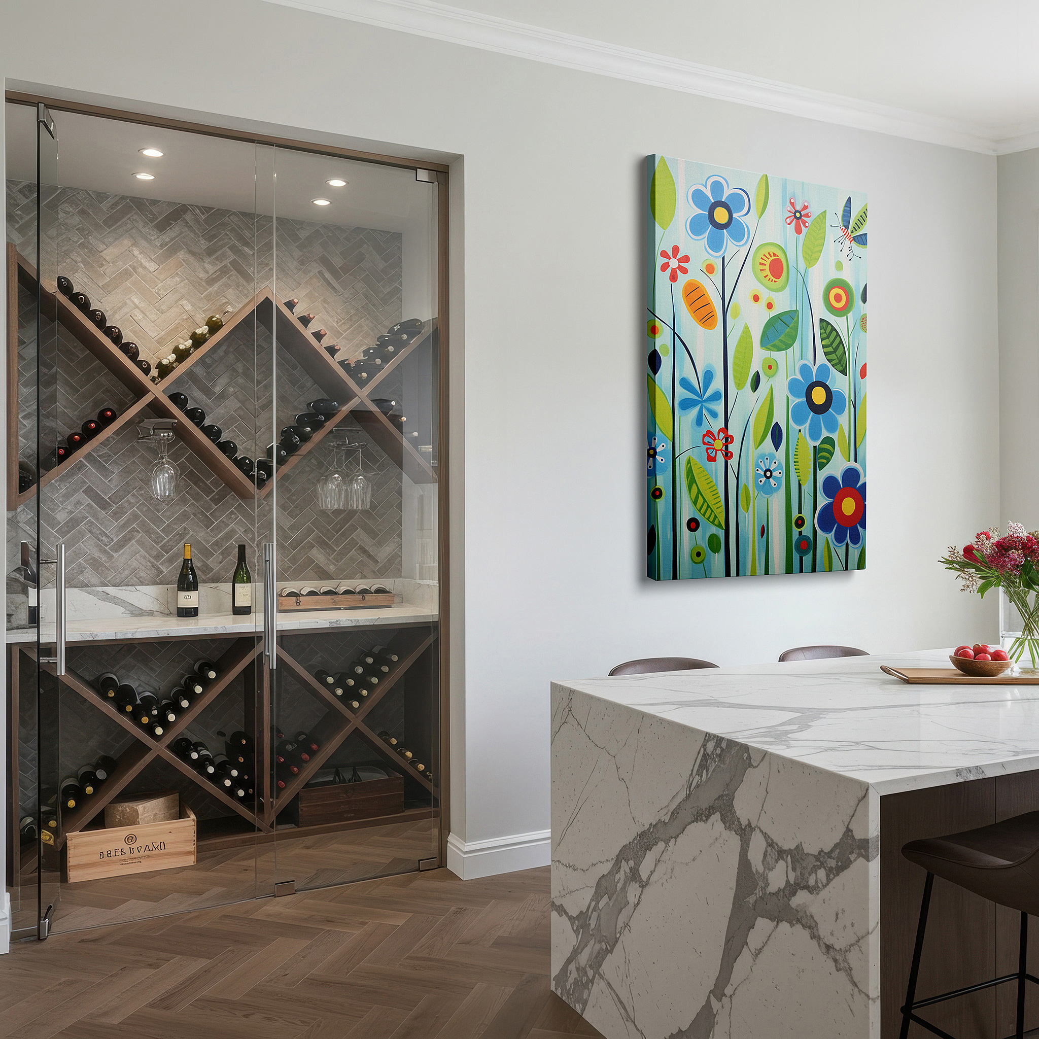 Lighting brings out layered depth in the print’s surface grain — vibrant celebration of nature: bright flowers and playful butterflies on a serene blue background - large canvas wall art