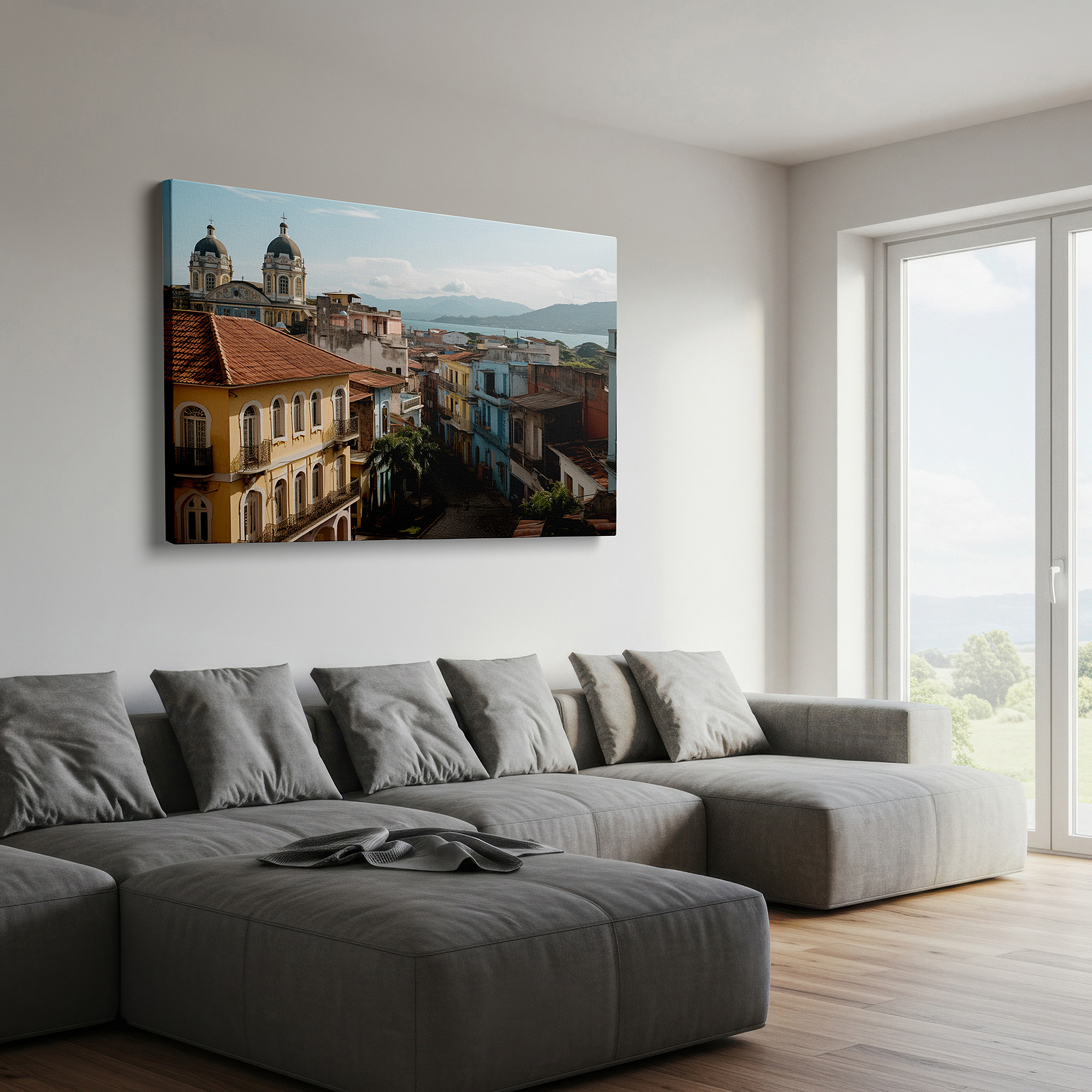 Lighting brings out layered depth in the print’s surface grain — vibrant cuban town wall art featuring pastel buildings and a majestic cathedral - large canvas for office, bedroom, and living room decor