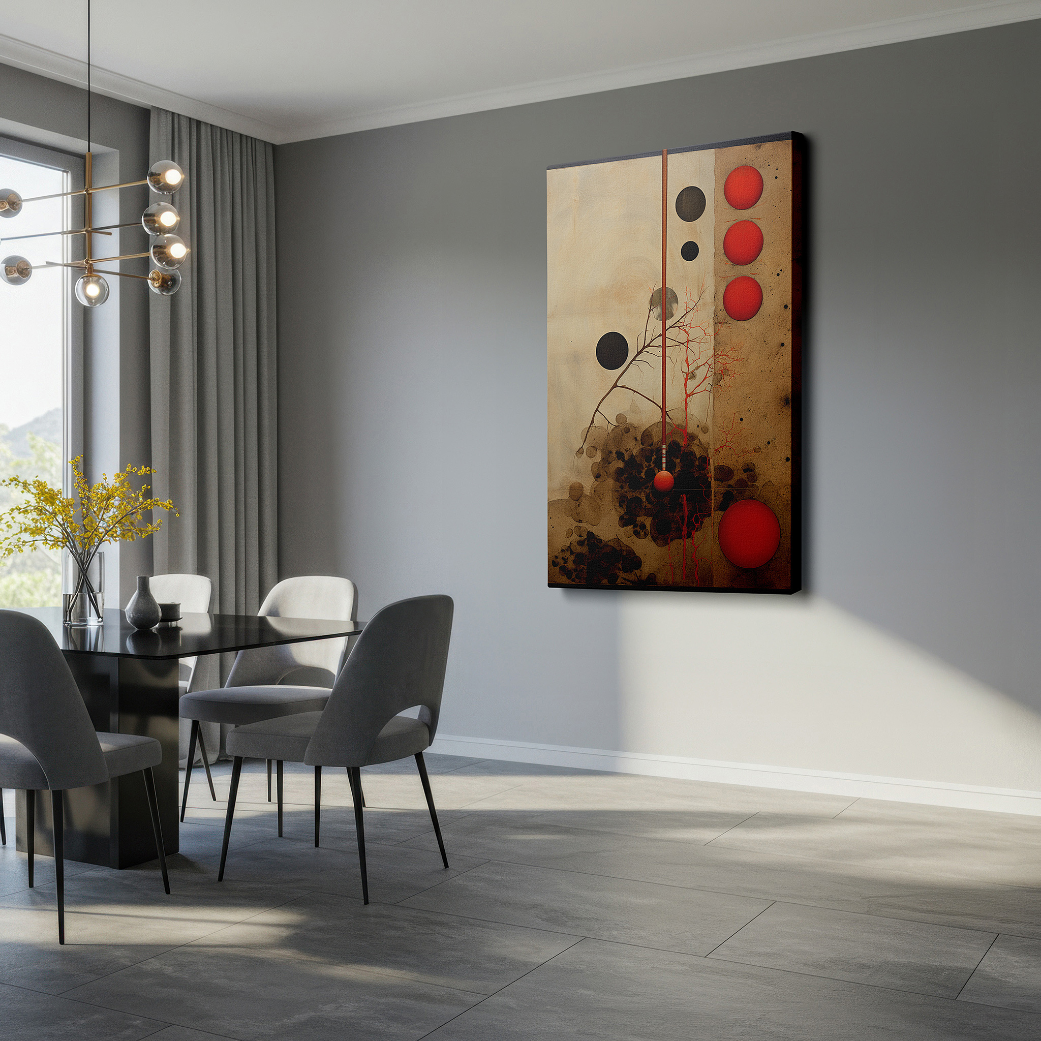 Lighting brings out layered depth in the print’s surface grain — vibrant interaction of red and black circles on a textured background, large canvas wall art for home and office decor