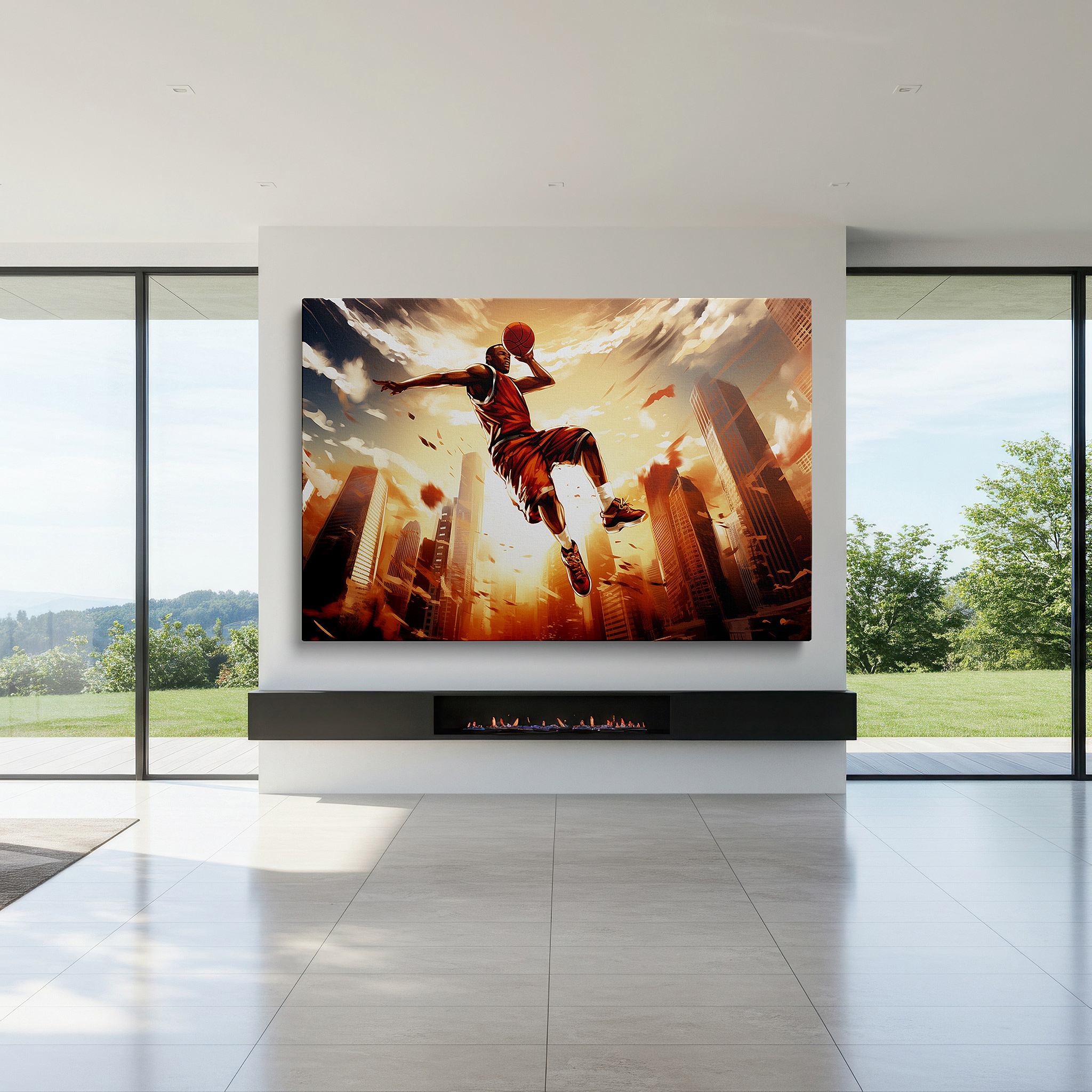 Lighting brings out layered depth in the print’s surface grain — wall art: athlete's sunset leap over urban skyline - a symbol of resilience and passion. large canvas wall art for office and bedroom decor.