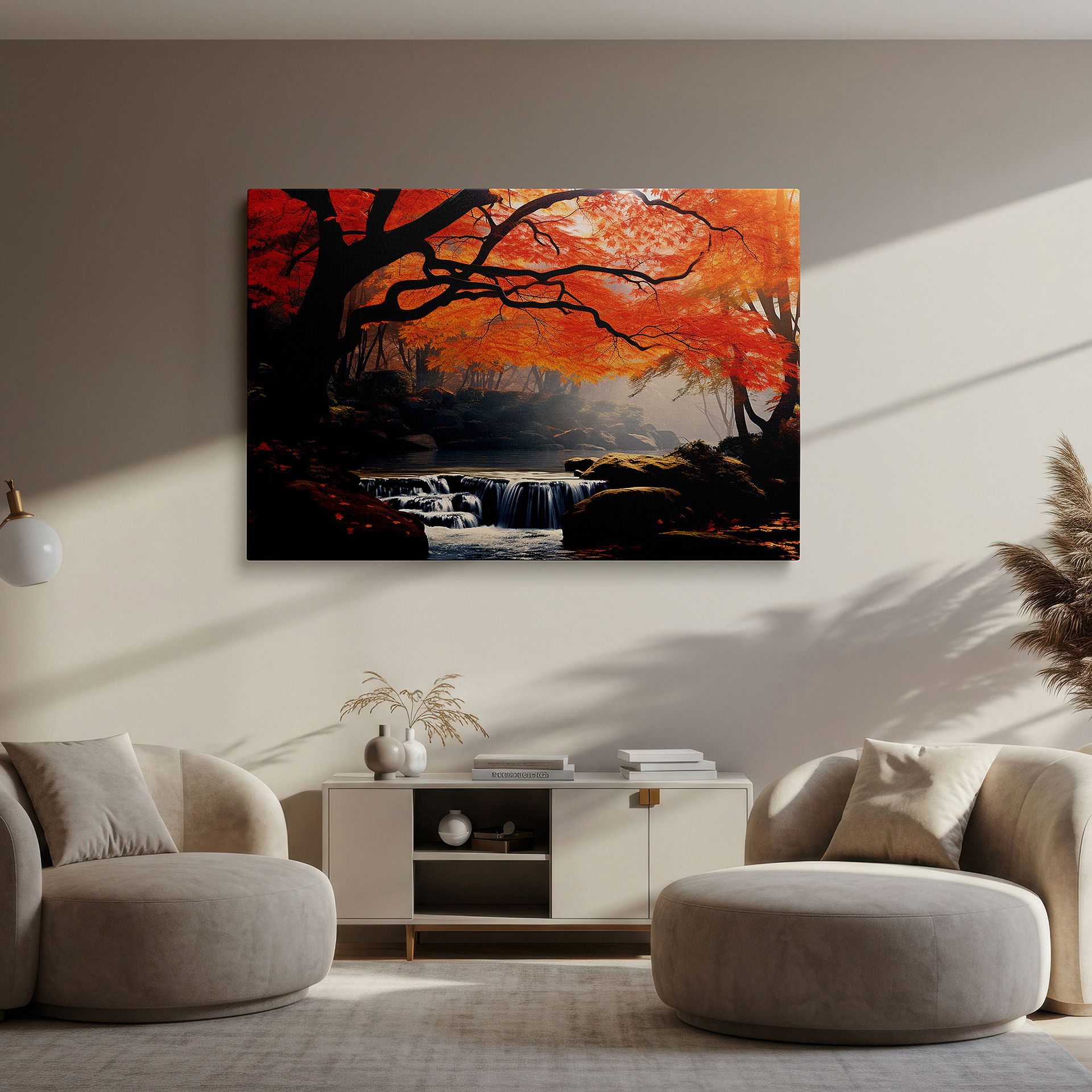Lighting brings out layered depth in the print’s surface grain — wall art: "autumn's embrace" - tranquil stream amidst fiery forest colors, large canvas wall art for office and bedroom decor