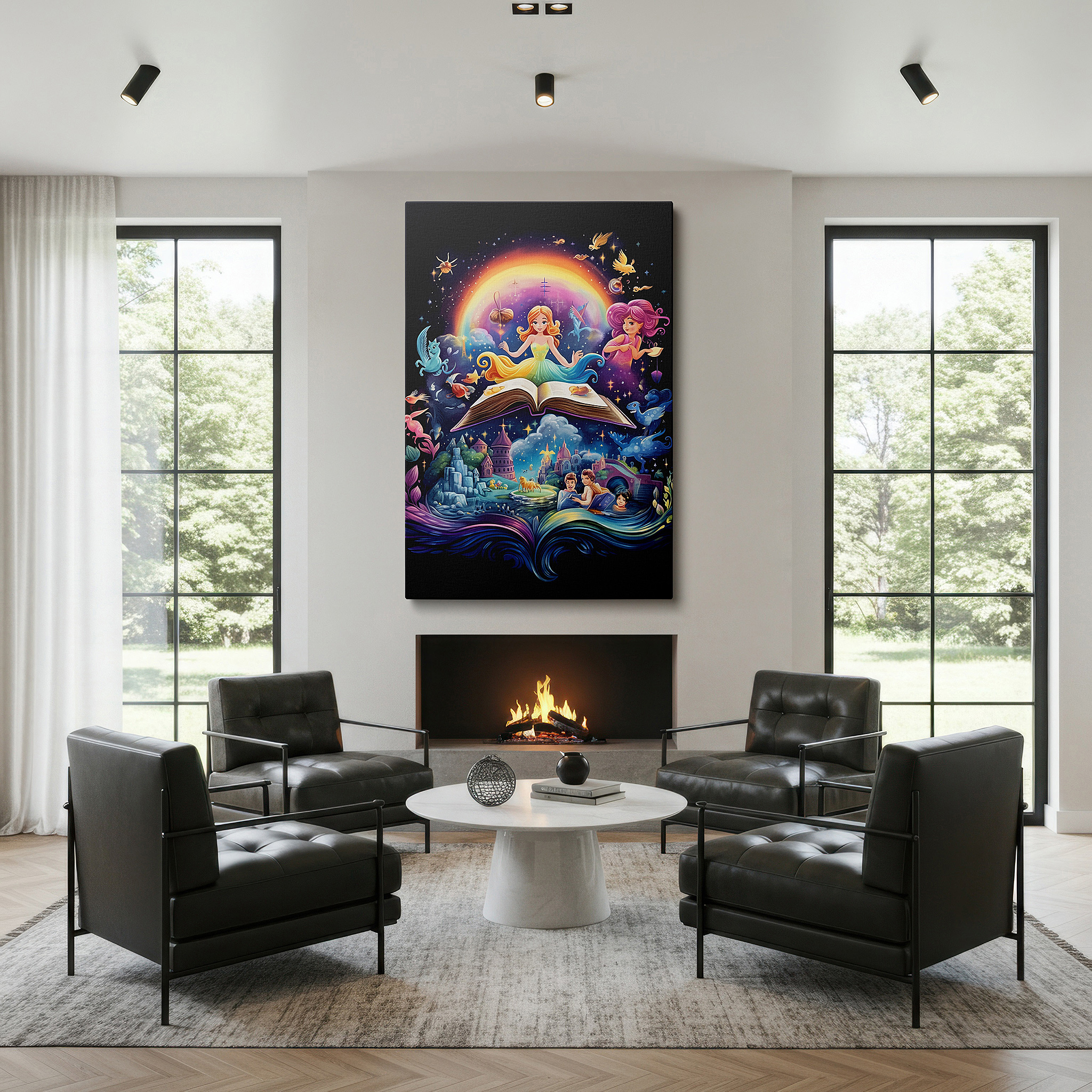 Lighting brings out layered depth in the print’s surface grain — wall art: enchanting scene of a girl levitating over a book, unleashing magic and wonder - large canvas for home and office decor, perfect for living rooms and bedrooms.