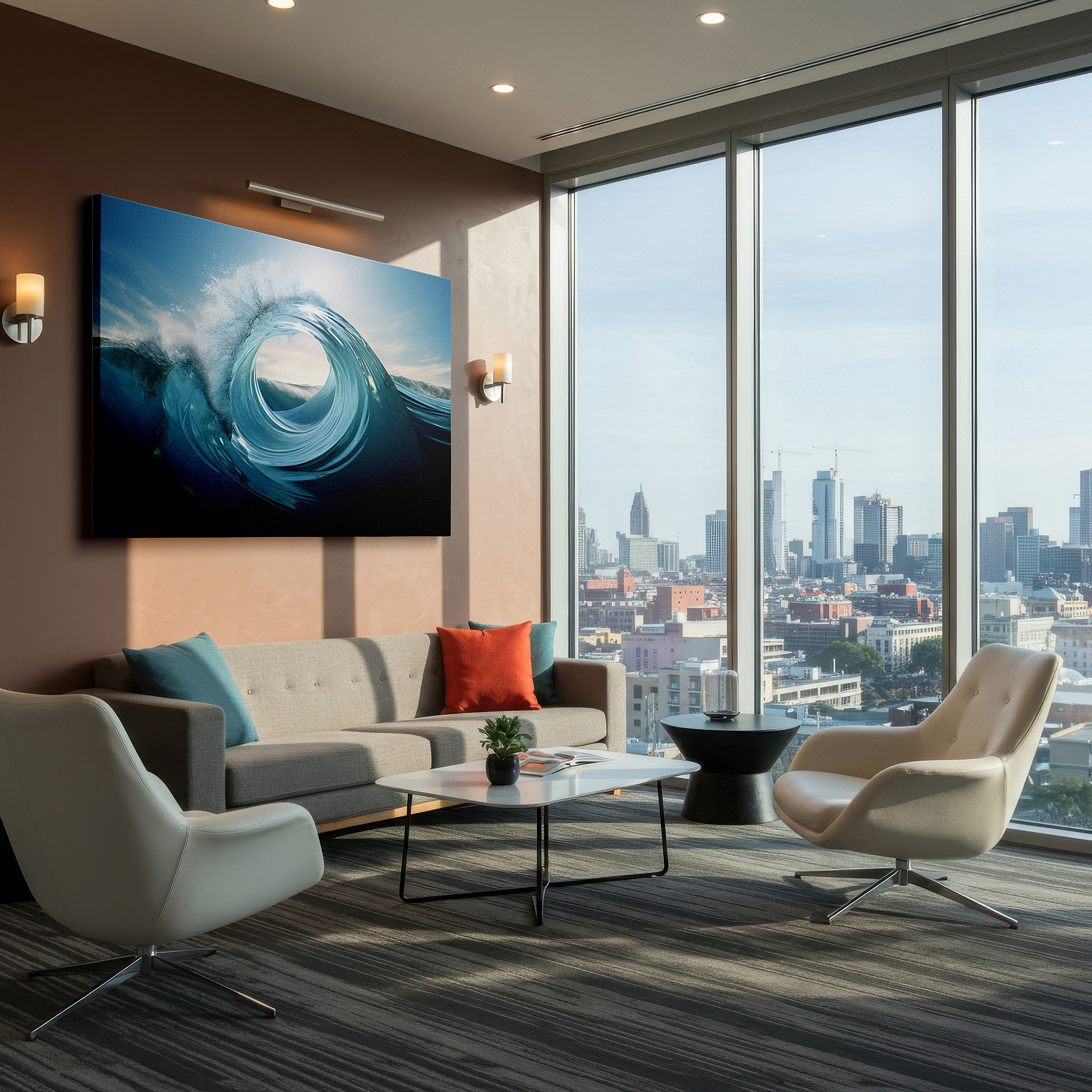 Lighting brings out layered depth in the print’s surface grain — wall art: sunlit ocean wave - a hyper-realistic depiction of nature's dynamic beauty. large canvas wall art decor.
