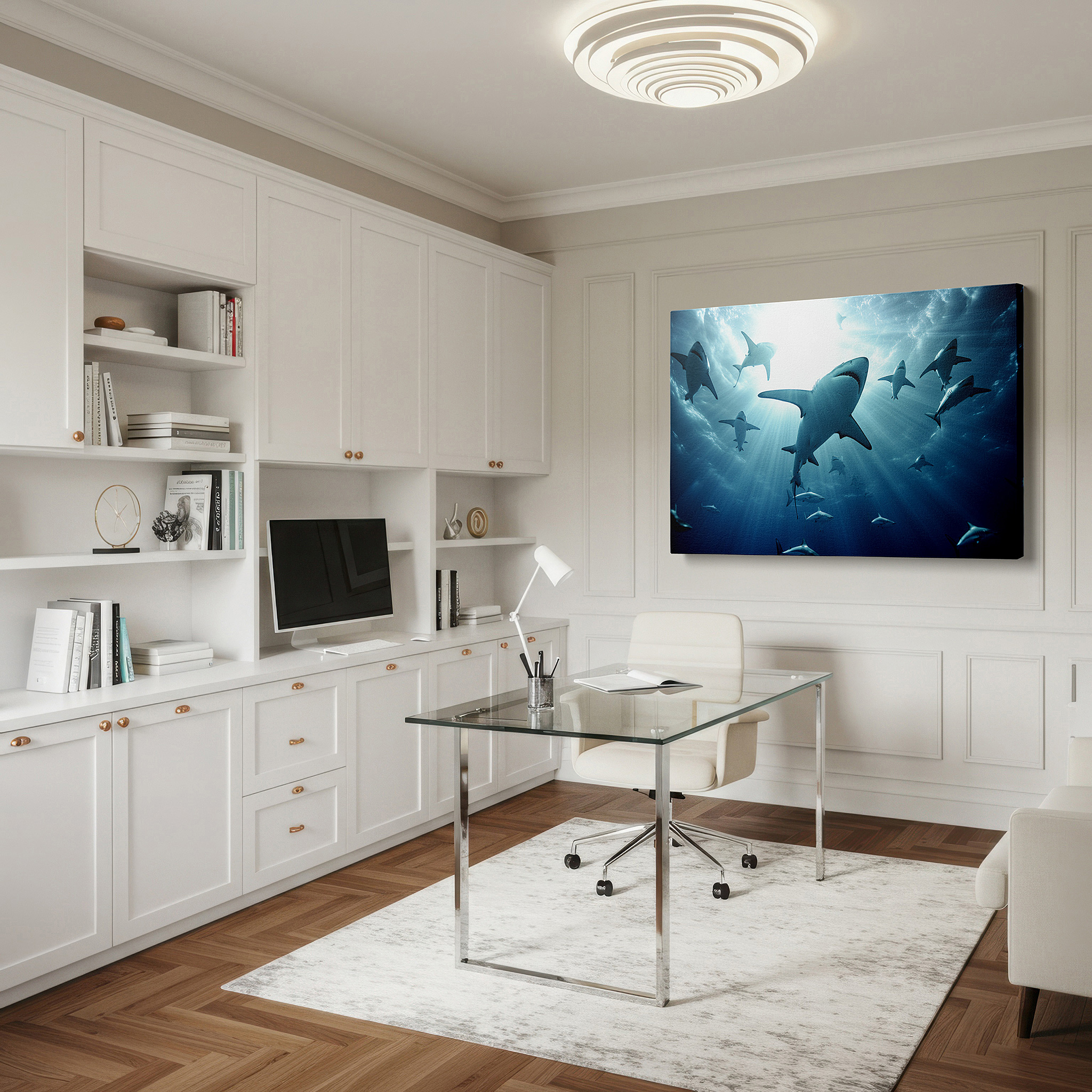 Lighting brings out layered depth in the print’s surface grain — wall decor: elegant sharks swimming in sunlit waters, interplay of light and shadow - large canvas art for walls, ideal for office and bedroom decor