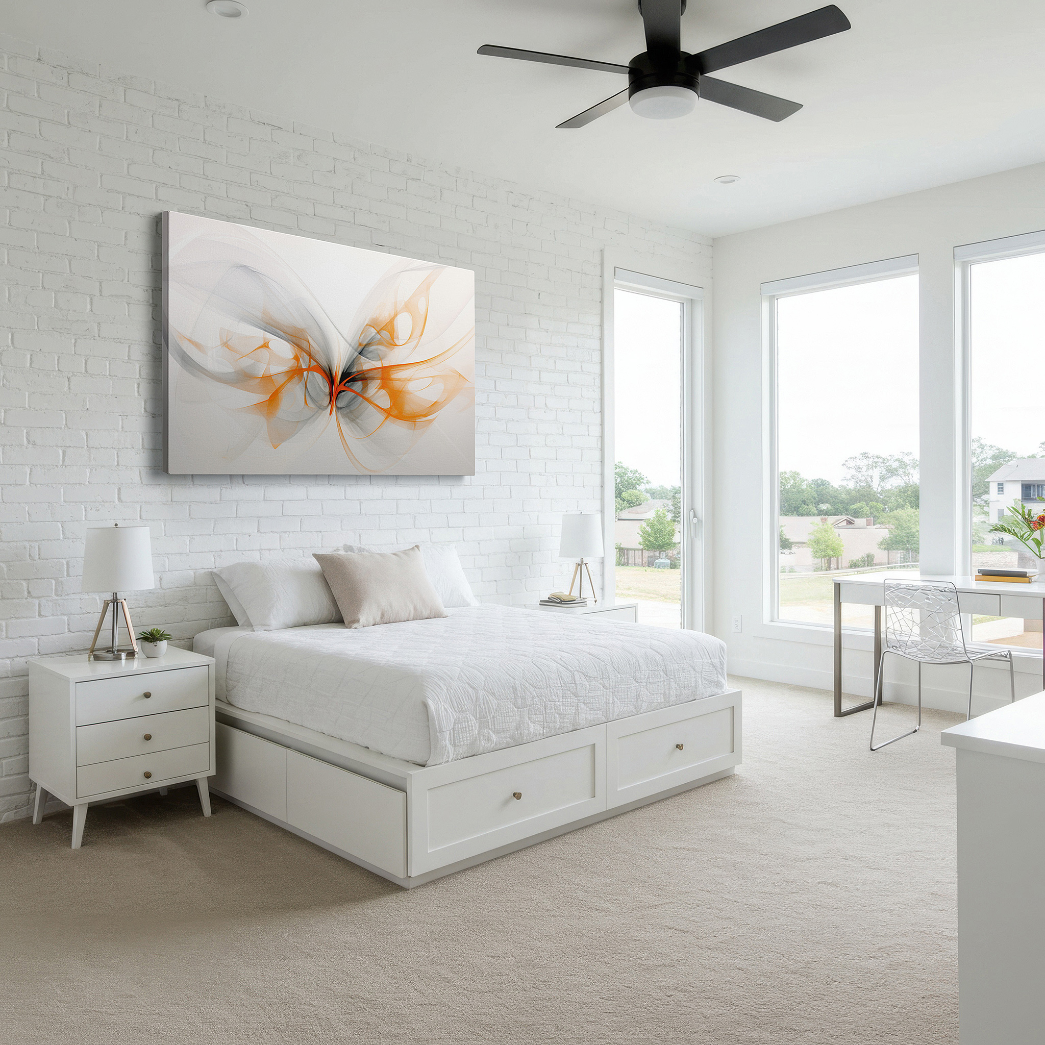 Mounted in a loft-style interior with exposed brick walls — abstract butterfly art in flowing lines with calming gradients of gray and orange, symbolizing transformation - large canvas wall decor