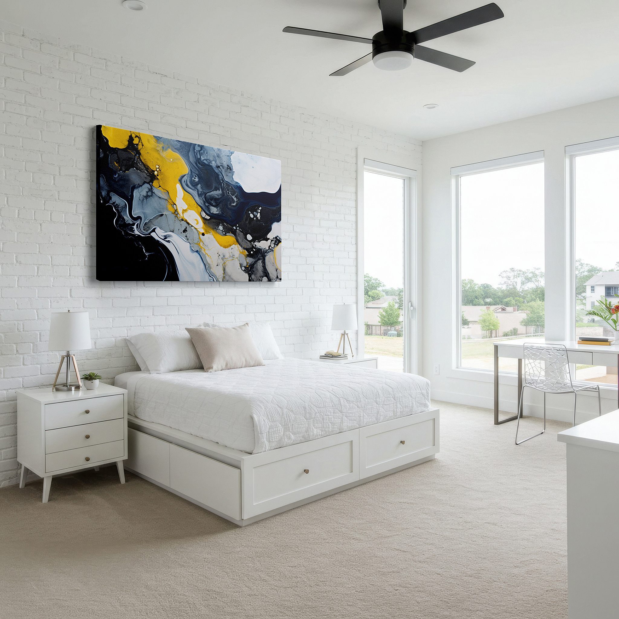 Mounted in a loft-style interior with exposed brick walls — abstract composition featuring dynamic interplay of yellow, grey, and black - large canvas wall art for office and bedroom decor
