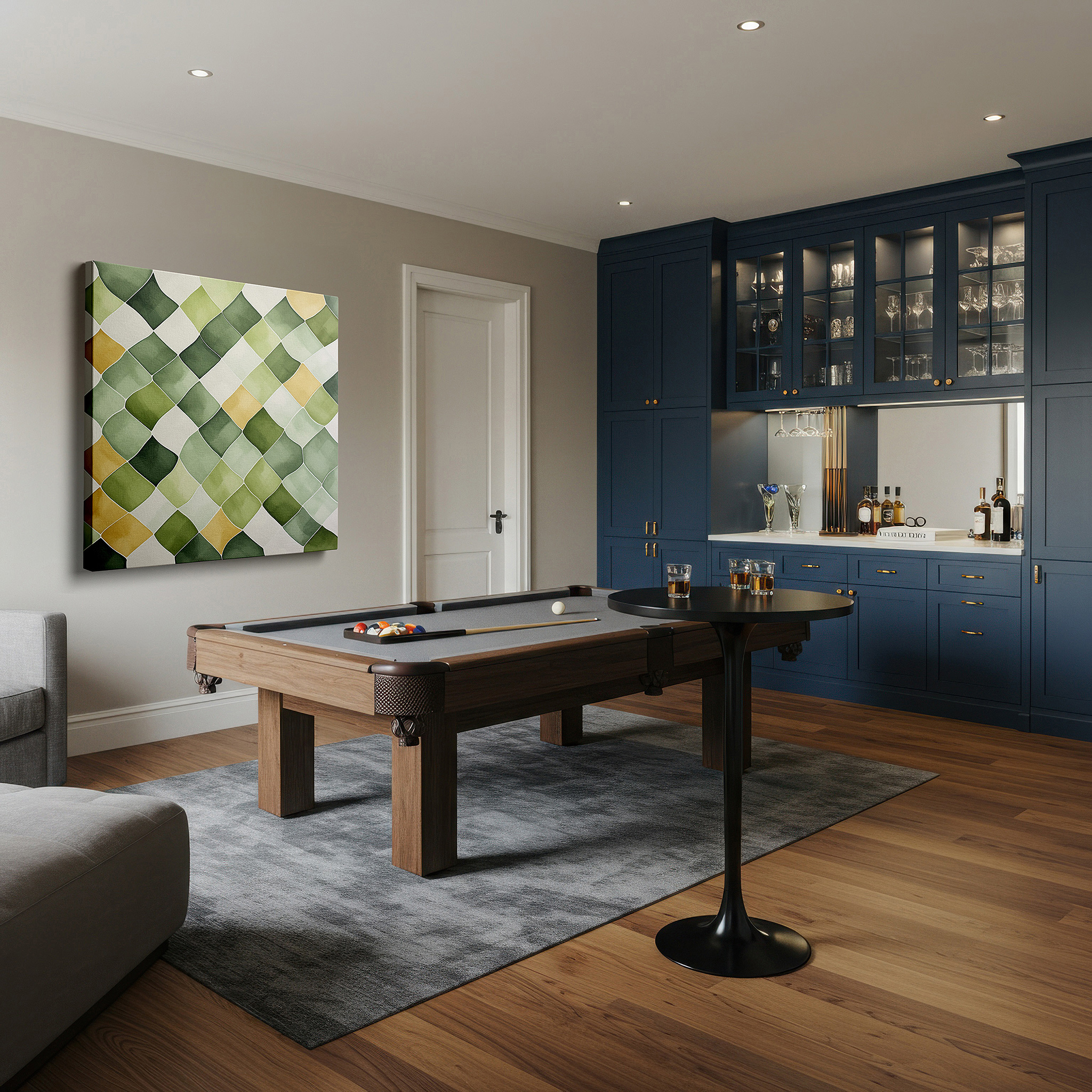 Mounted in a loft-style interior with exposed brick walls — abstract symphony of soothing greens and sunlit yellows: nature's essence through curves, large canvas wall art