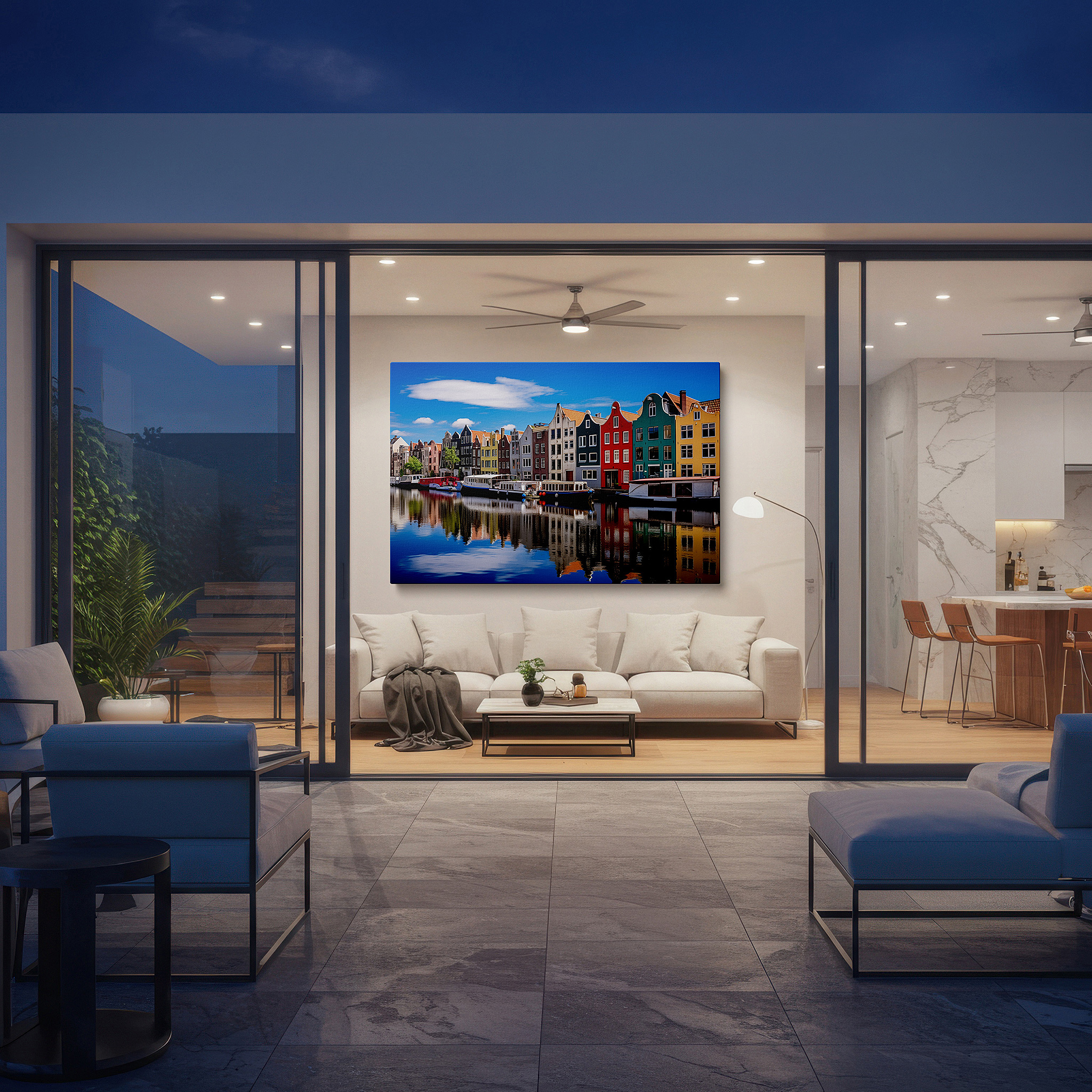 Mounted in a loft-style interior with exposed brick walls — amsterdam waterfront canvas print featuring dutch architecture and dreamlike canal reflections, large wall art for home or office decor