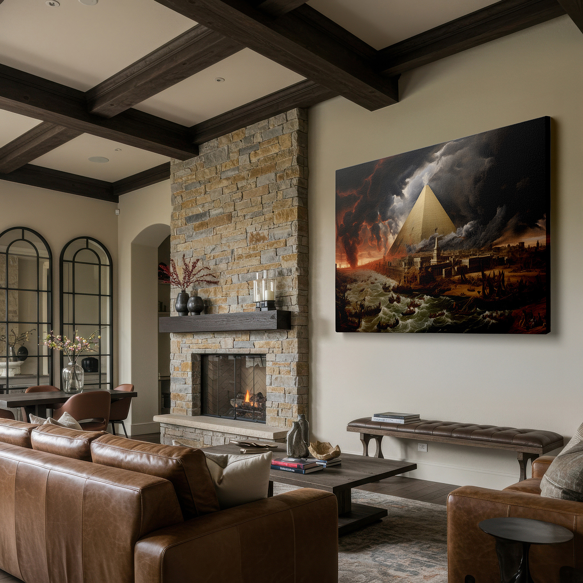Mounted in a loft-style interior with exposed brick walls — ancient pyramids and modern structures against a stormy sky - celebrating human endurance and creativity large wall art, canvas wall art, wall decor