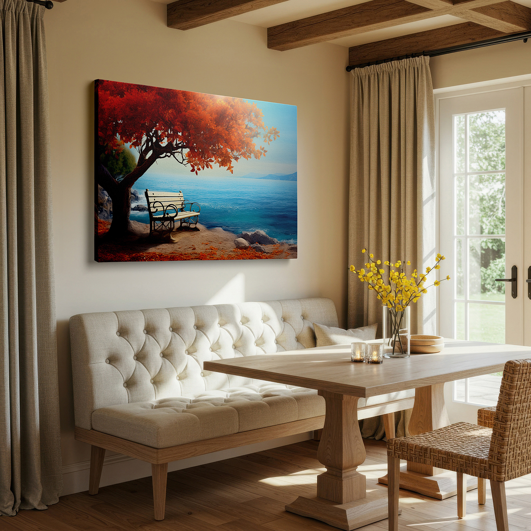 Mounted in a loft-style interior with exposed brick walls — autumn's glory by the tranquil sea - serene fusion of fiery leaves and calm waters, large wall art, canvas wall art, wall decor, office wall art