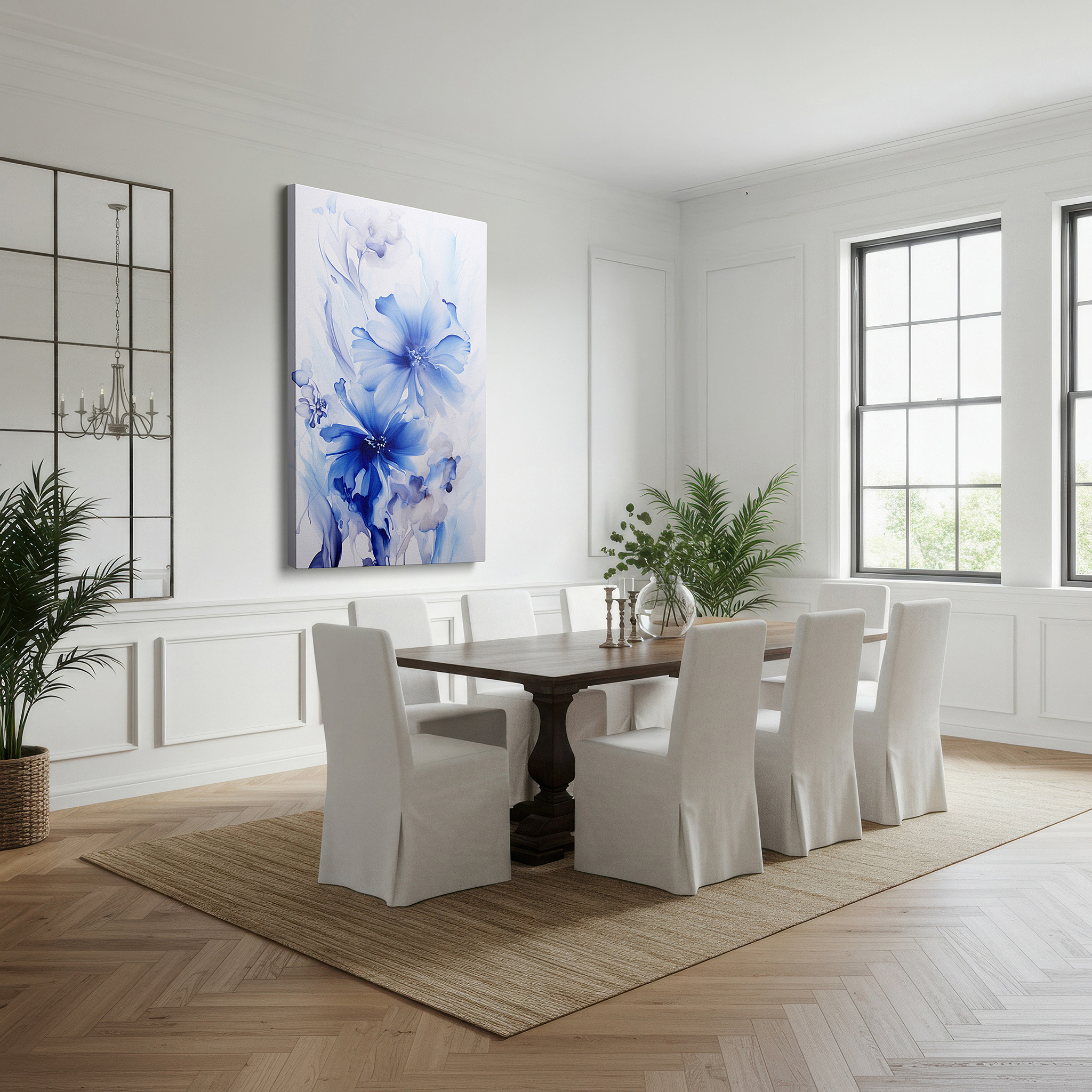 Mounted in a loft-style interior with exposed brick walls — azure blossoms dance - serene blue flowers in motion large wall art, canvas wall art, wall decor for office and bedroom