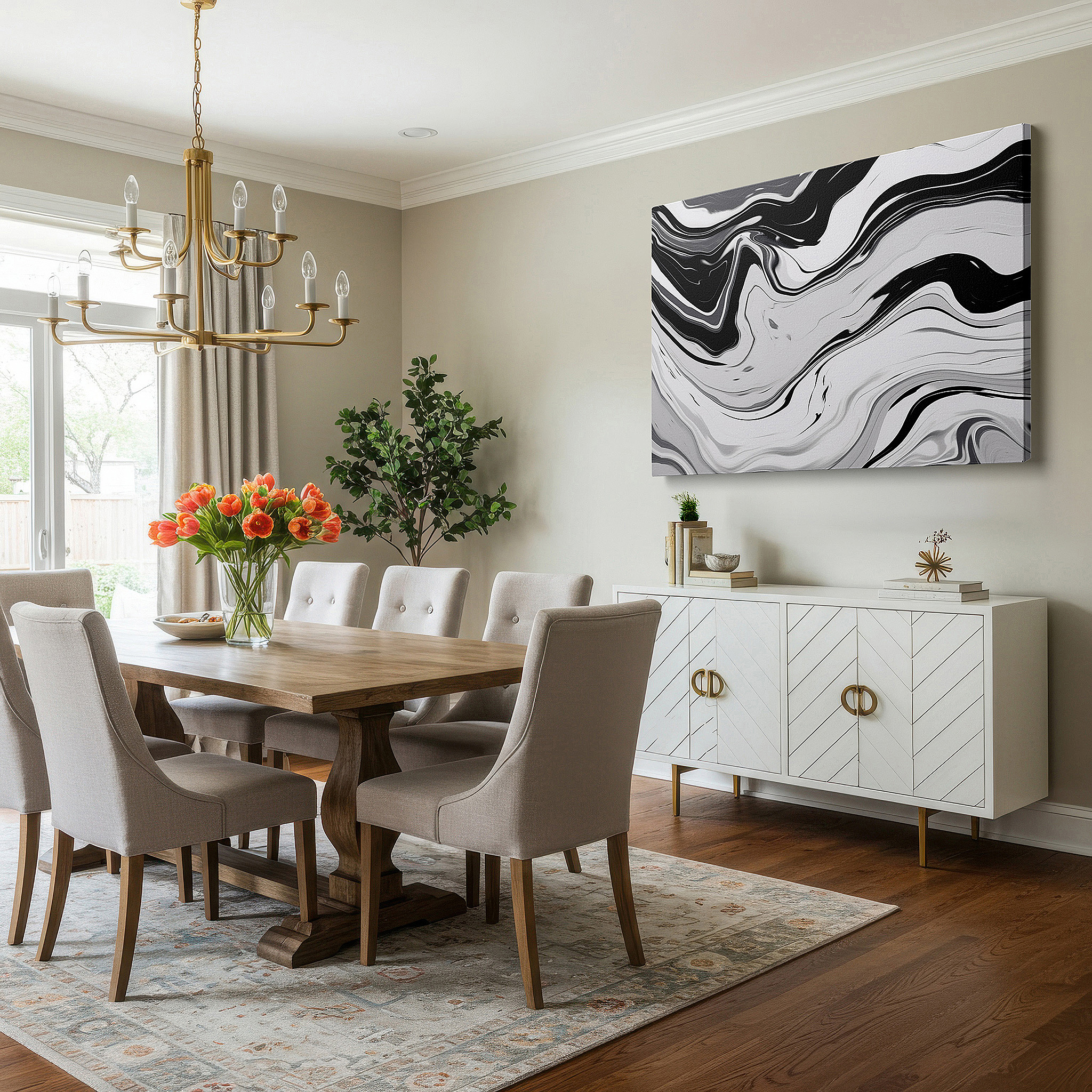 Mounted in a loft-style interior with exposed brick walls — black and white captivating waves: a dance of shadow and light - large wall art, canvas wall art, wall decor for office and bedroom