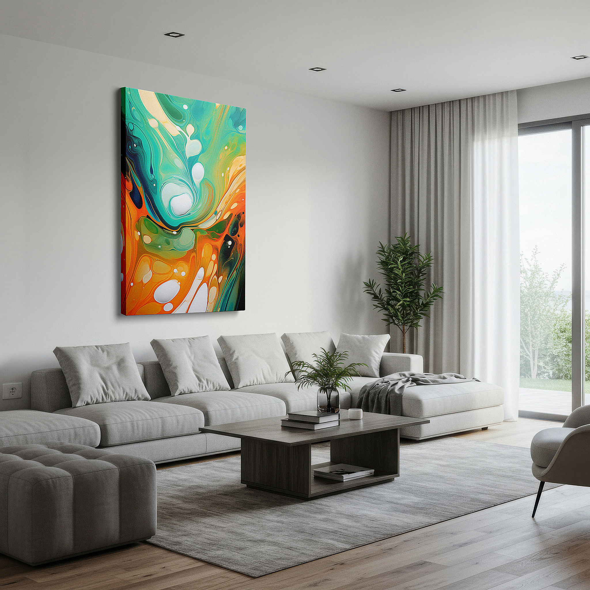 Mounted in a loft-style interior with exposed brick walls — blue and orange swirls dance - dynamic abstract expression of motion and emotion, large canvas wall art for office decor