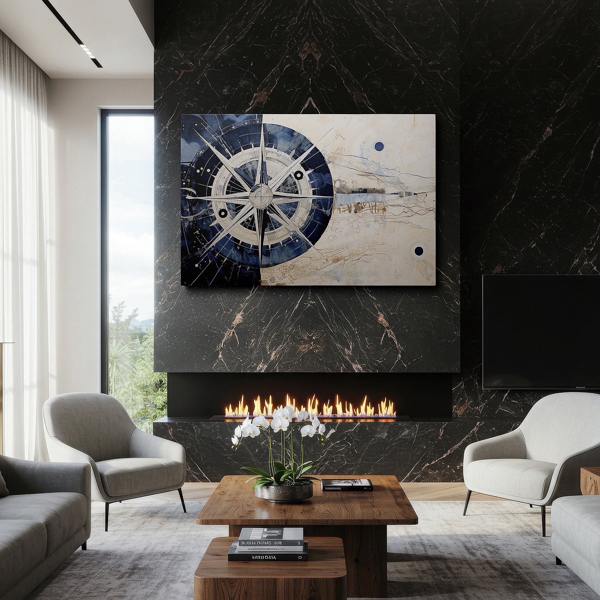 Mounted in a loft-style interior with exposed brick walls — blue and white star compass design, emblematic of navigation and discovery, oversized wall art, canvas decor for office and bedroom