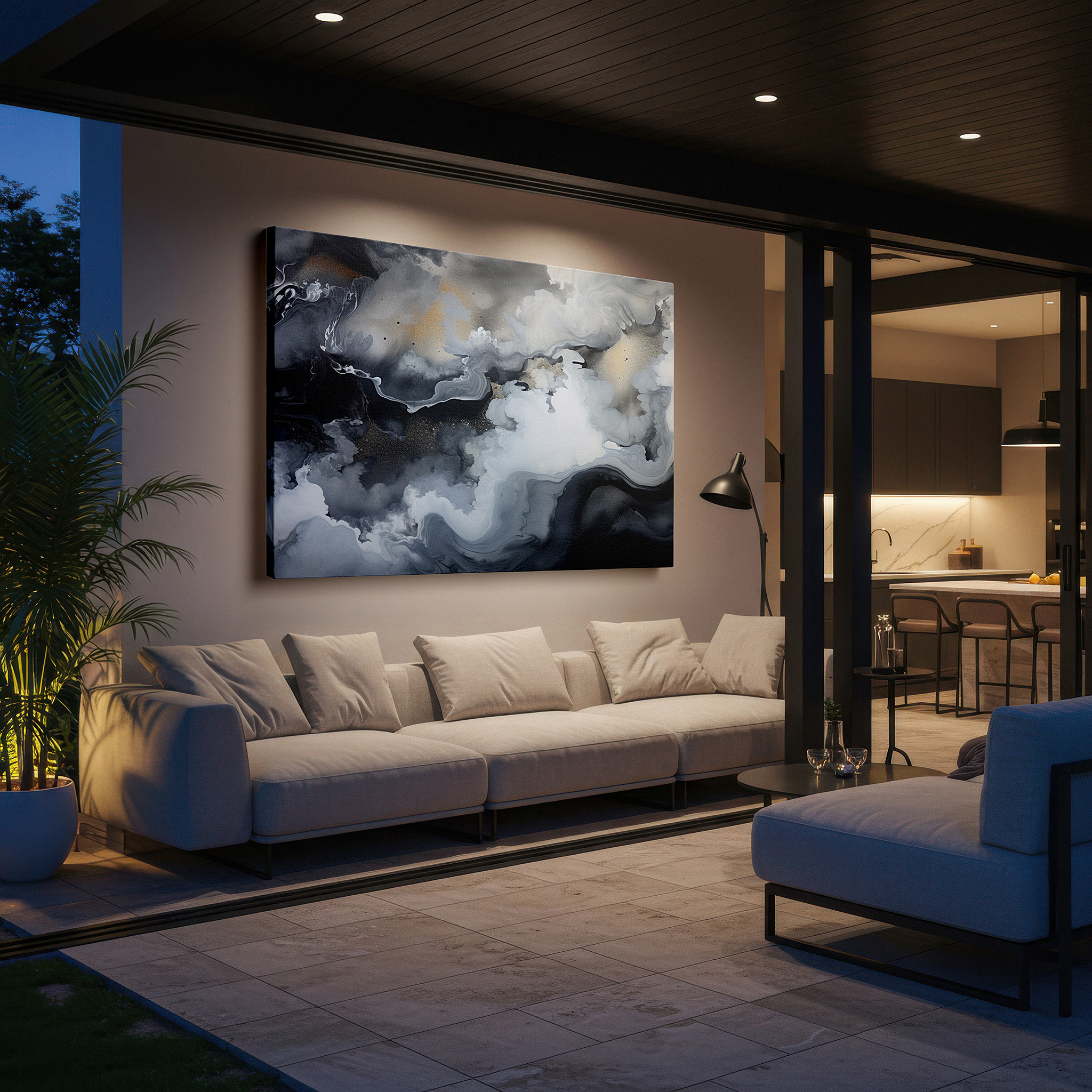 Mounted in a loft-style interior with exposed brick walls — a captivating abstract exploration of monochrome feelings and movement: large wall art, canvas wall art, wall decor for offices and bedrooms