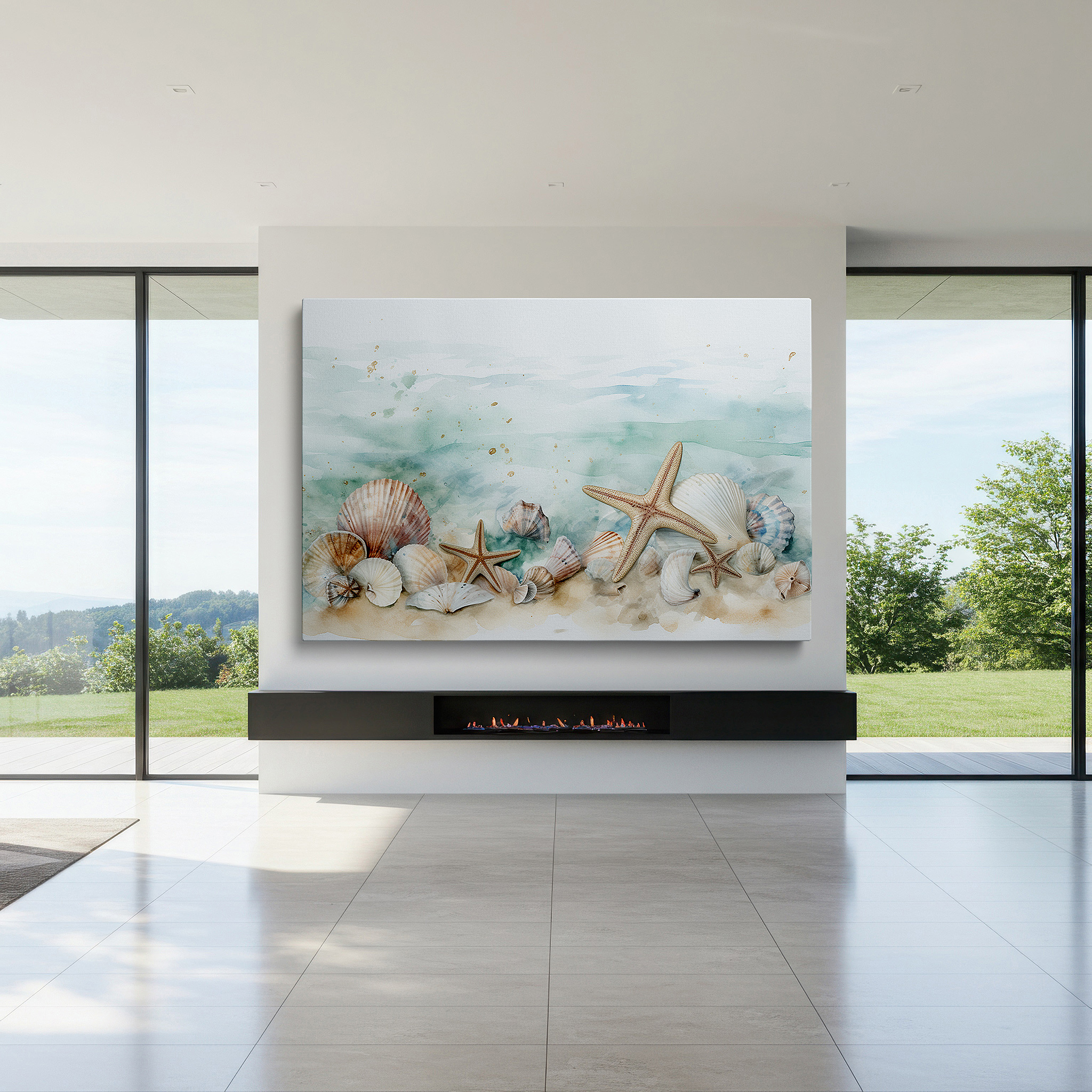 Mounted in a loft-style interior with exposed brick walls — coastal charm wall art: featuring meticulously crafted shells and starfish on a sandy background - ideal for living room, bedroom, or office decor