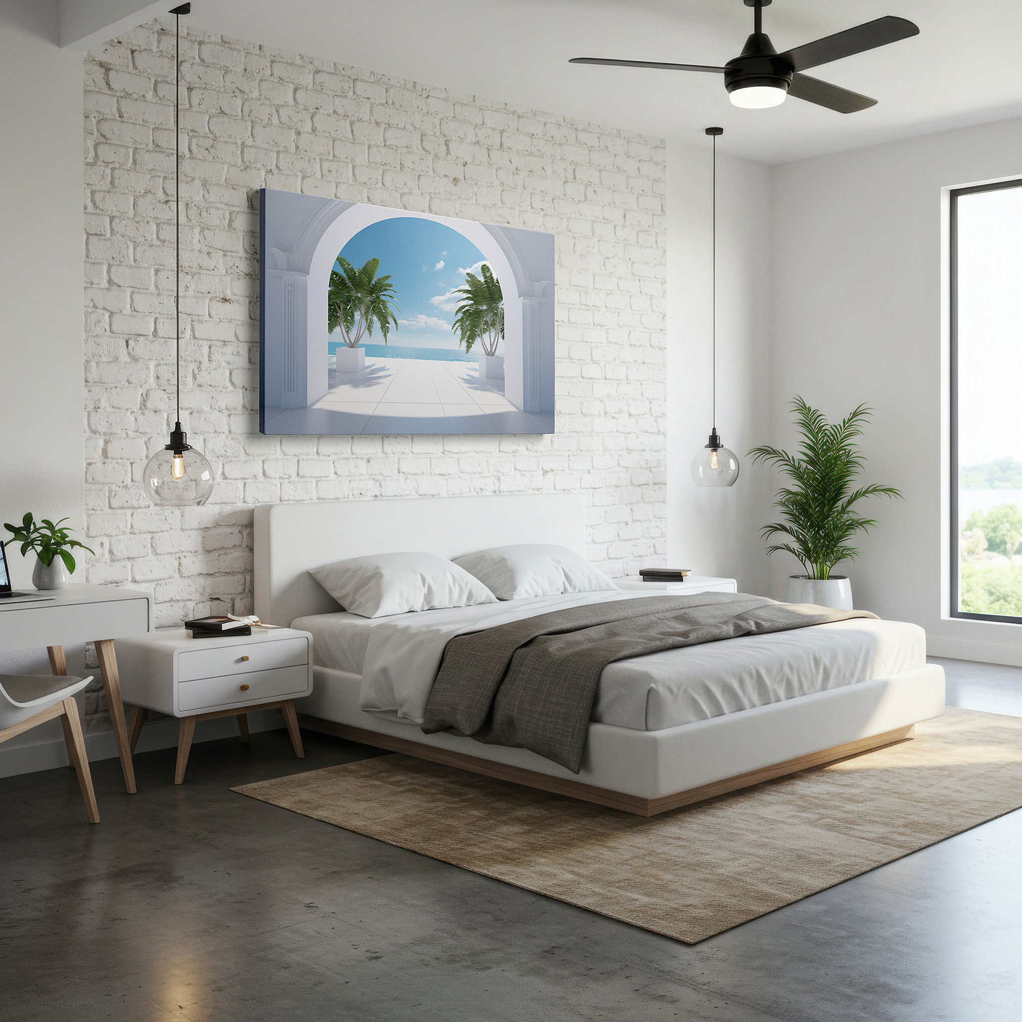 Mounted in a loft-style interior with exposed brick walls — coastal elegance featuring arches, lush palms, and tranquil blue waters: large wall art, canvas wall art, wall decor for office and bedroom