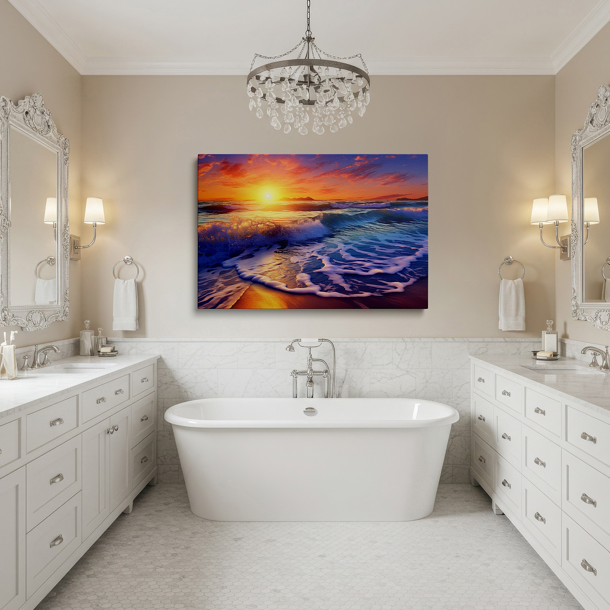 Mounted in a loft-style interior with exposed brick walls — coastal sunset magic: vibrant ocean waves and serene sky reflections - large canvas wall art for office and bedroom decor