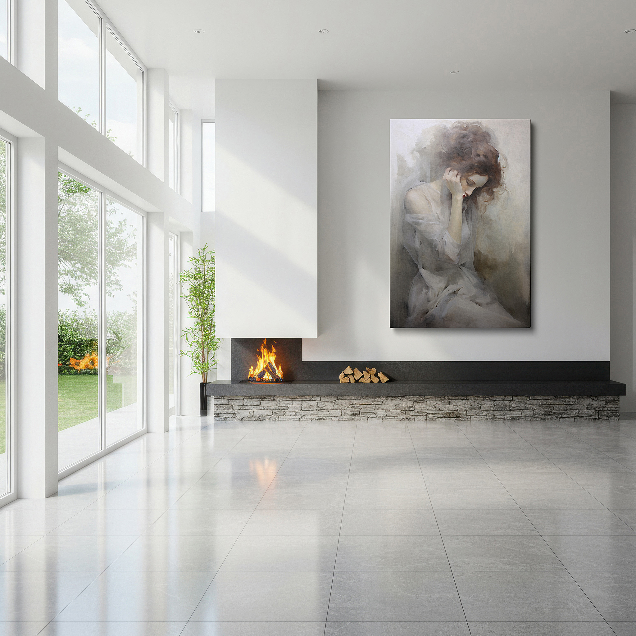 Mounted in a loft-style interior with exposed brick walls — contemplative woman in solitude large canvas wall art for office, bedroom, and living room decor