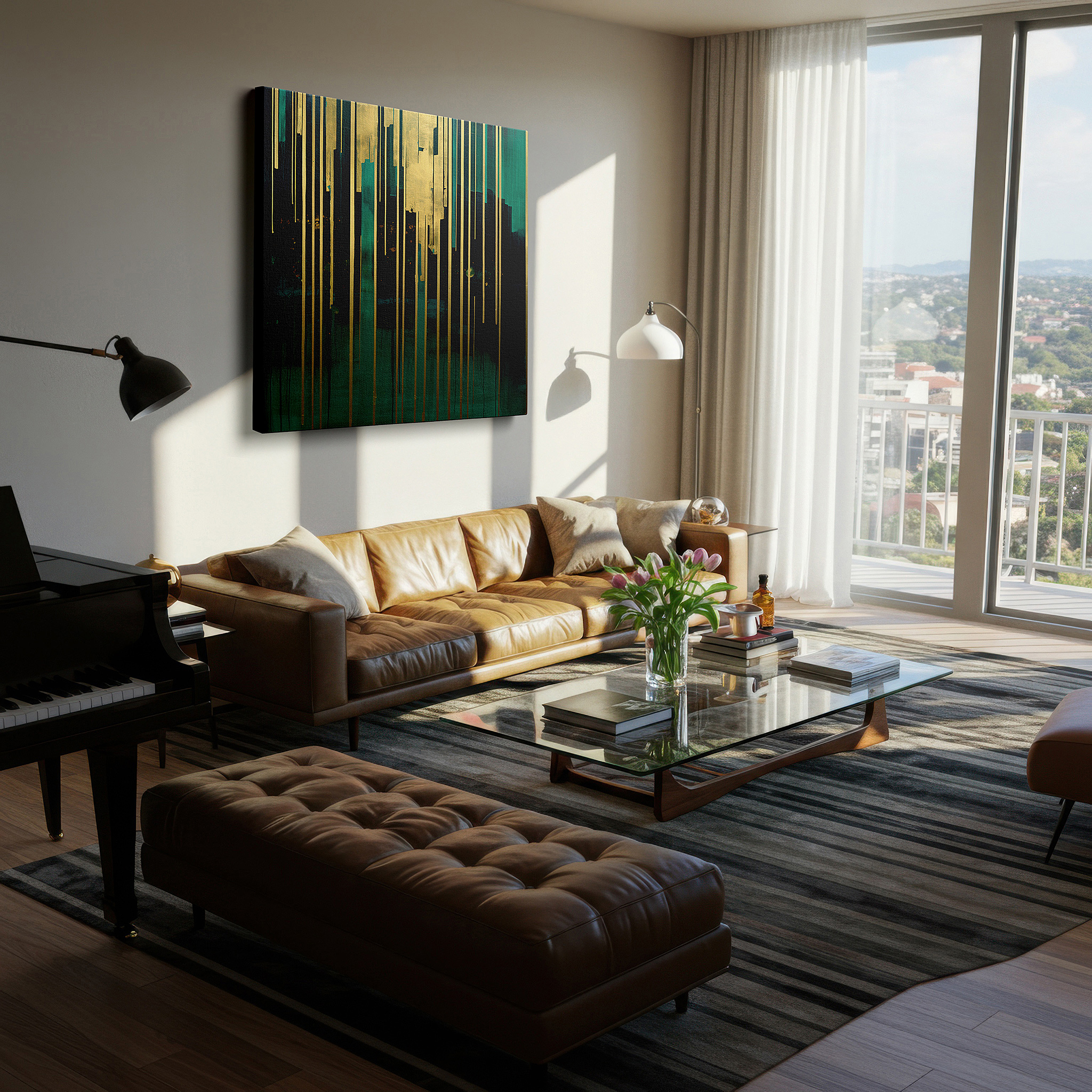 Mounted in a loft-style interior with exposed brick walls — contemporary creativity captured: vivid green and rich gold lines large wall art, canvas wall art, wall decor for office